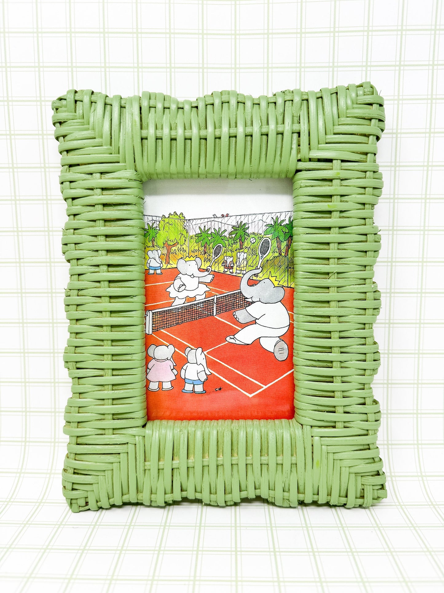 Vintage Babar the Elephant Tennis Print in Green Wicker Frame - 4x6"