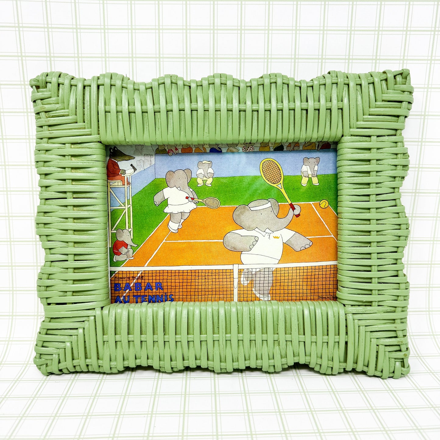 Vintage Babar the Elephant Tennis Print in Green Wicker Frame - 5x7"