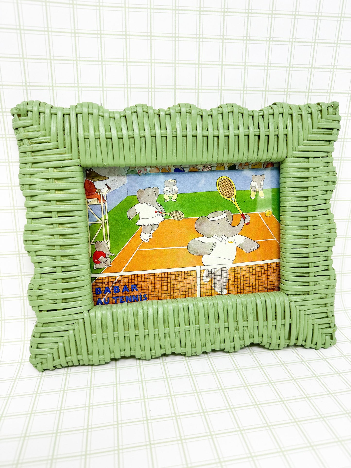 Vintage Babar the Elephant Tennis Print in Green Wicker Frame - 5x7"