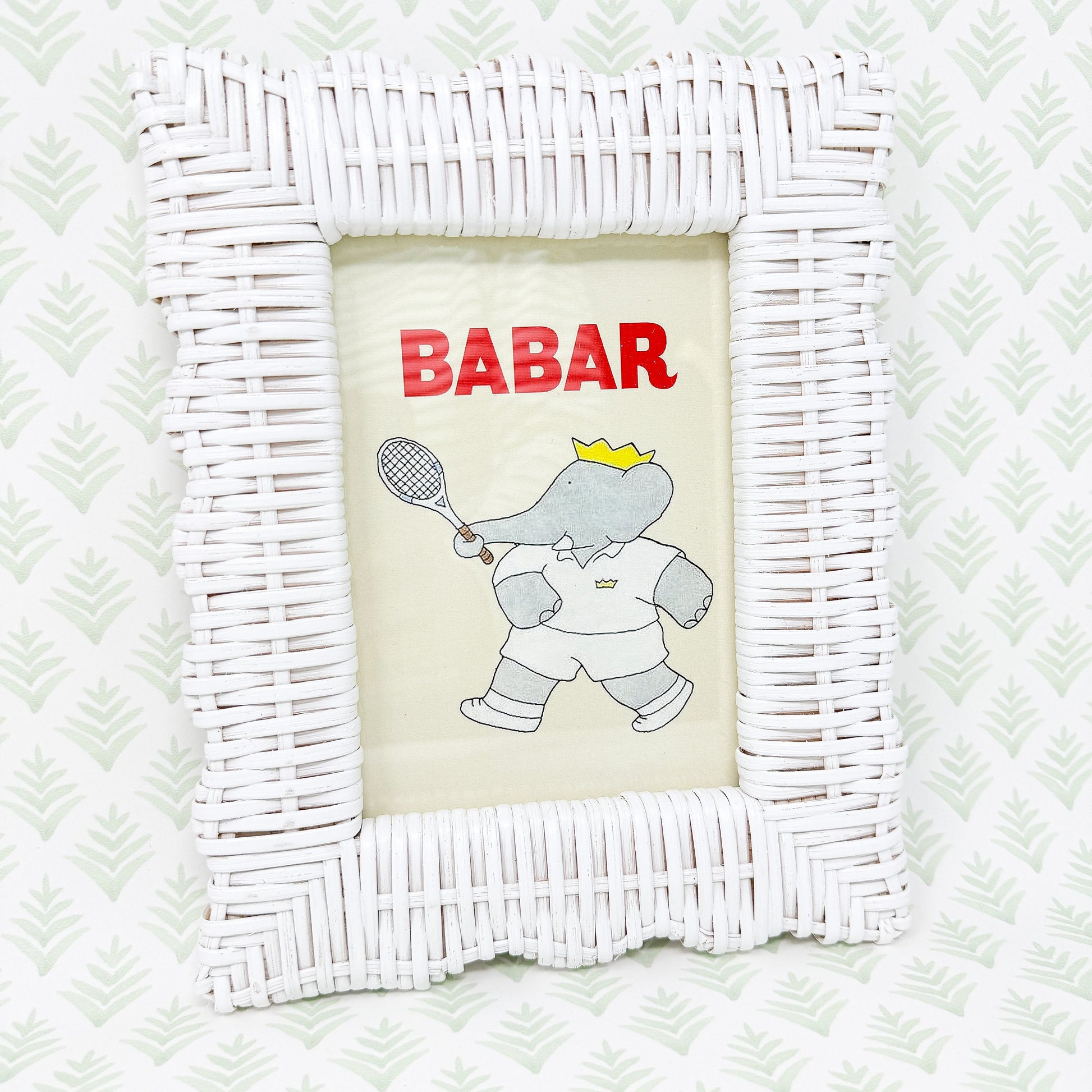 Vintage Babar the Elephant Tennis Print in White Wicker Frame - 5x7"