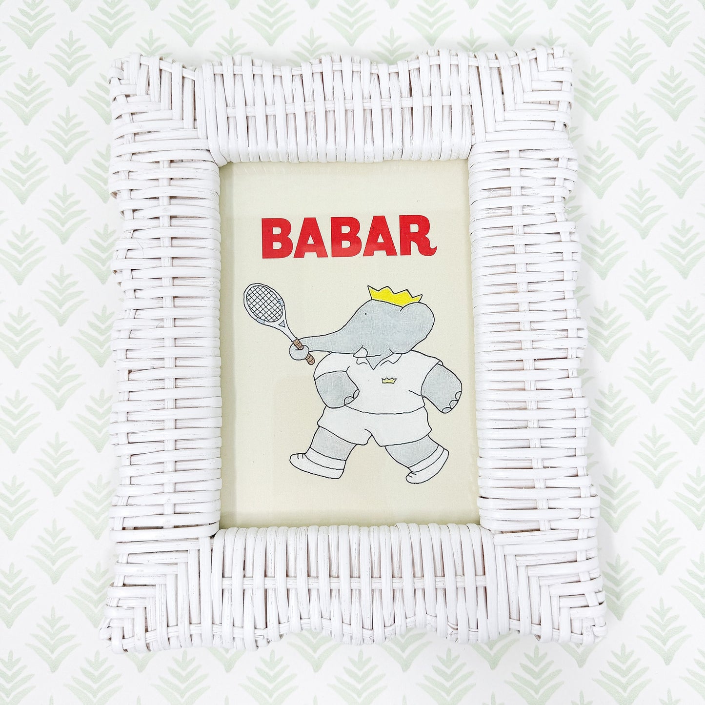 Vintage Babar the Elephant Tennis Print in White Wicker Frame - 5x7"