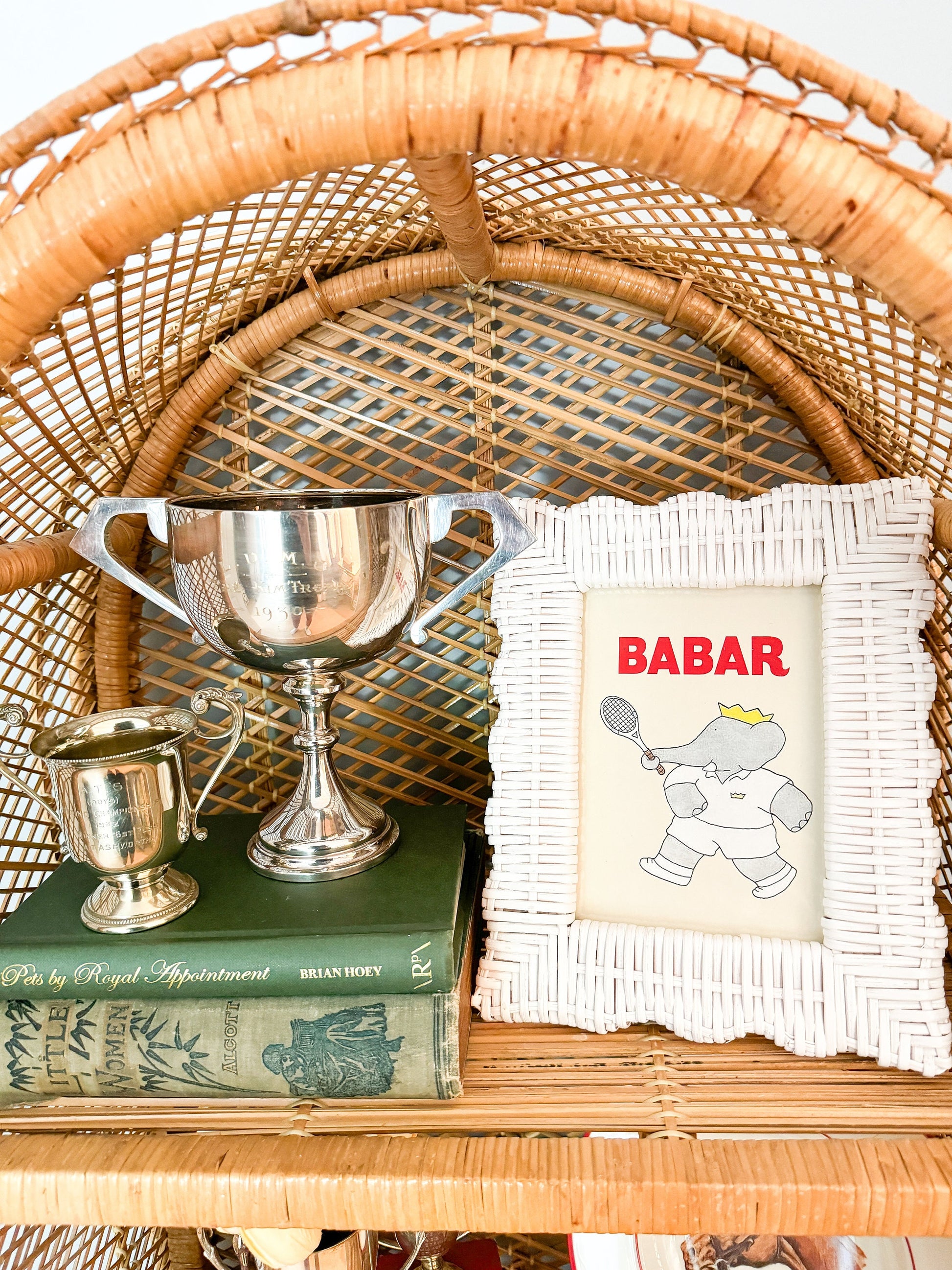 Vintage Babar the Elephant Tennis Print in White Wicker Frame - 5x7"