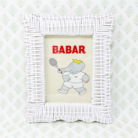 Vintage Babar the Elephant Tennis Print in White Wicker Frame - 5x7"