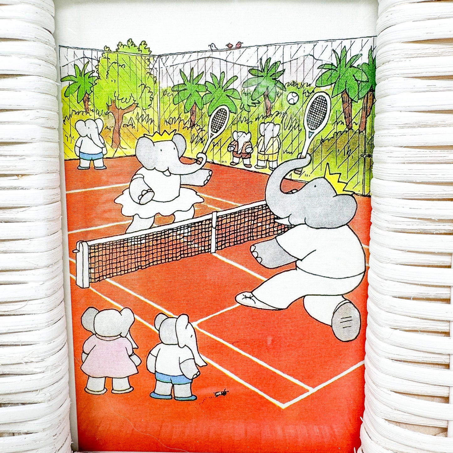 Vintage Babar the Elephant Tennis Print in White Wicker Frame - 4x6"