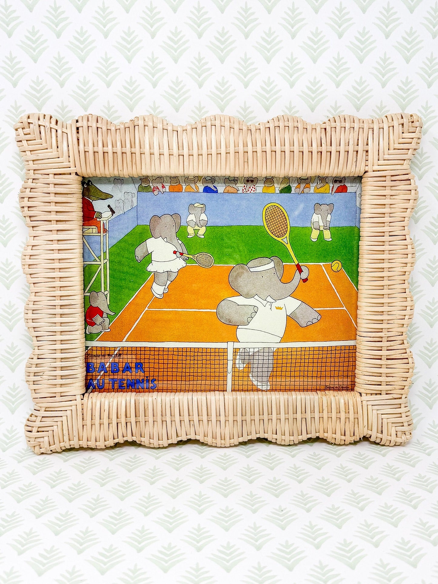 Vintage Babar the Elephant Tennis Print in Scalloped Wicker Frame - 8x10"