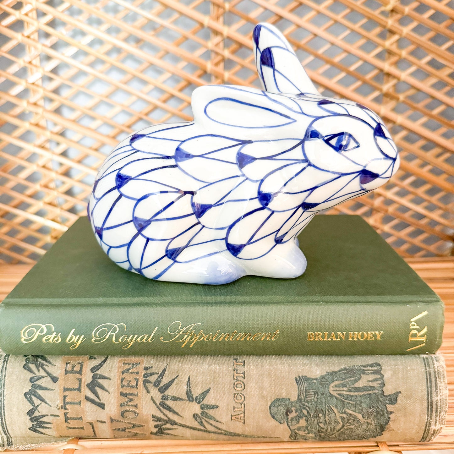 Blue and White Fishnet Bunny Rabbit Figurine