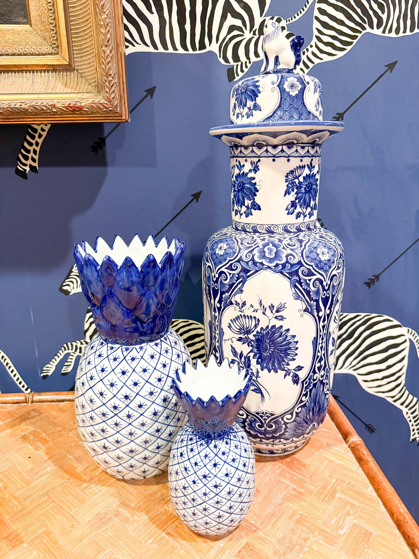 Blue and White Fishnet Ceramic Pineapple Vases