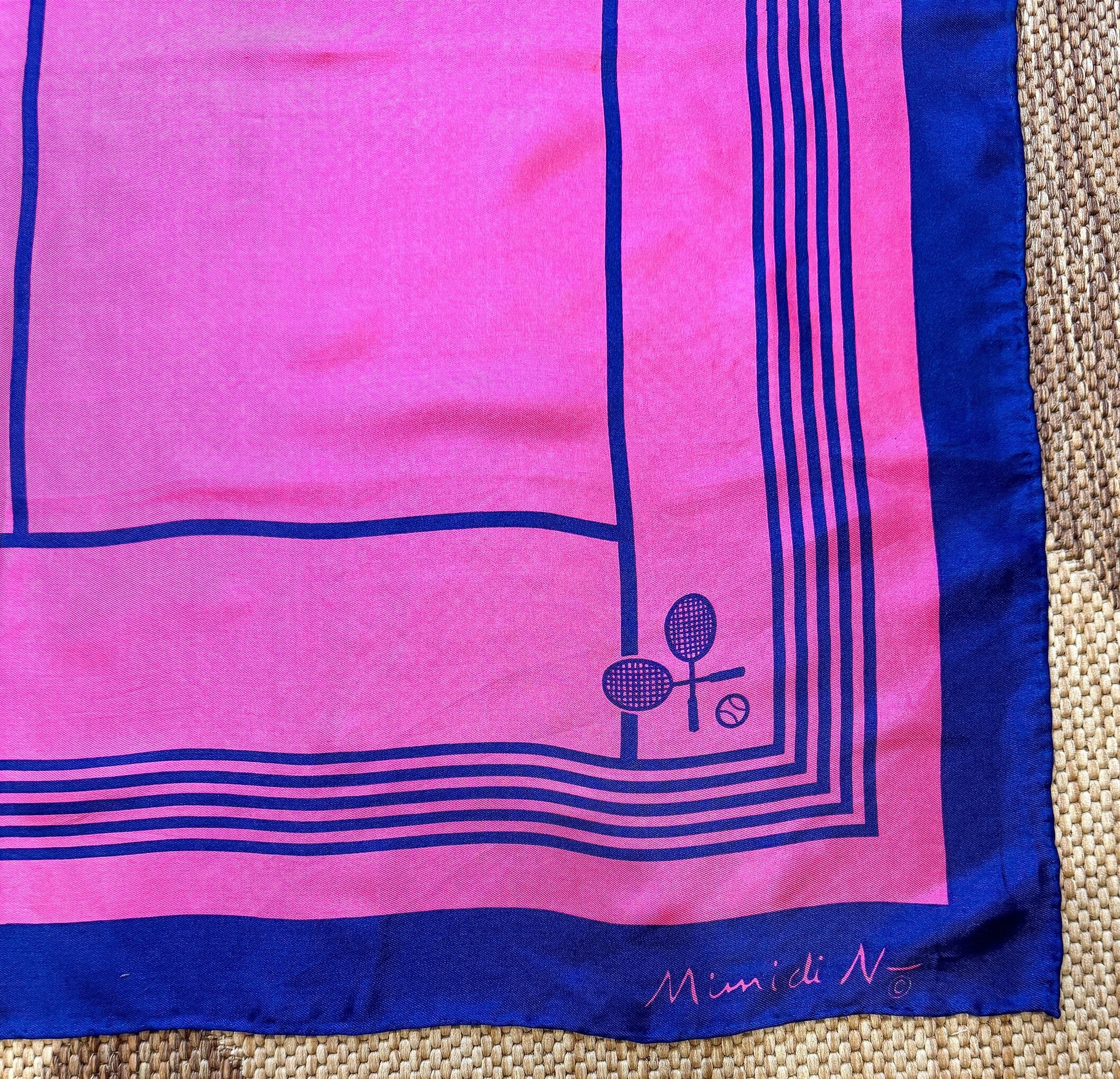 Vintage Pink and Blue Tennis Court Silk Scarf by Mimi Di N