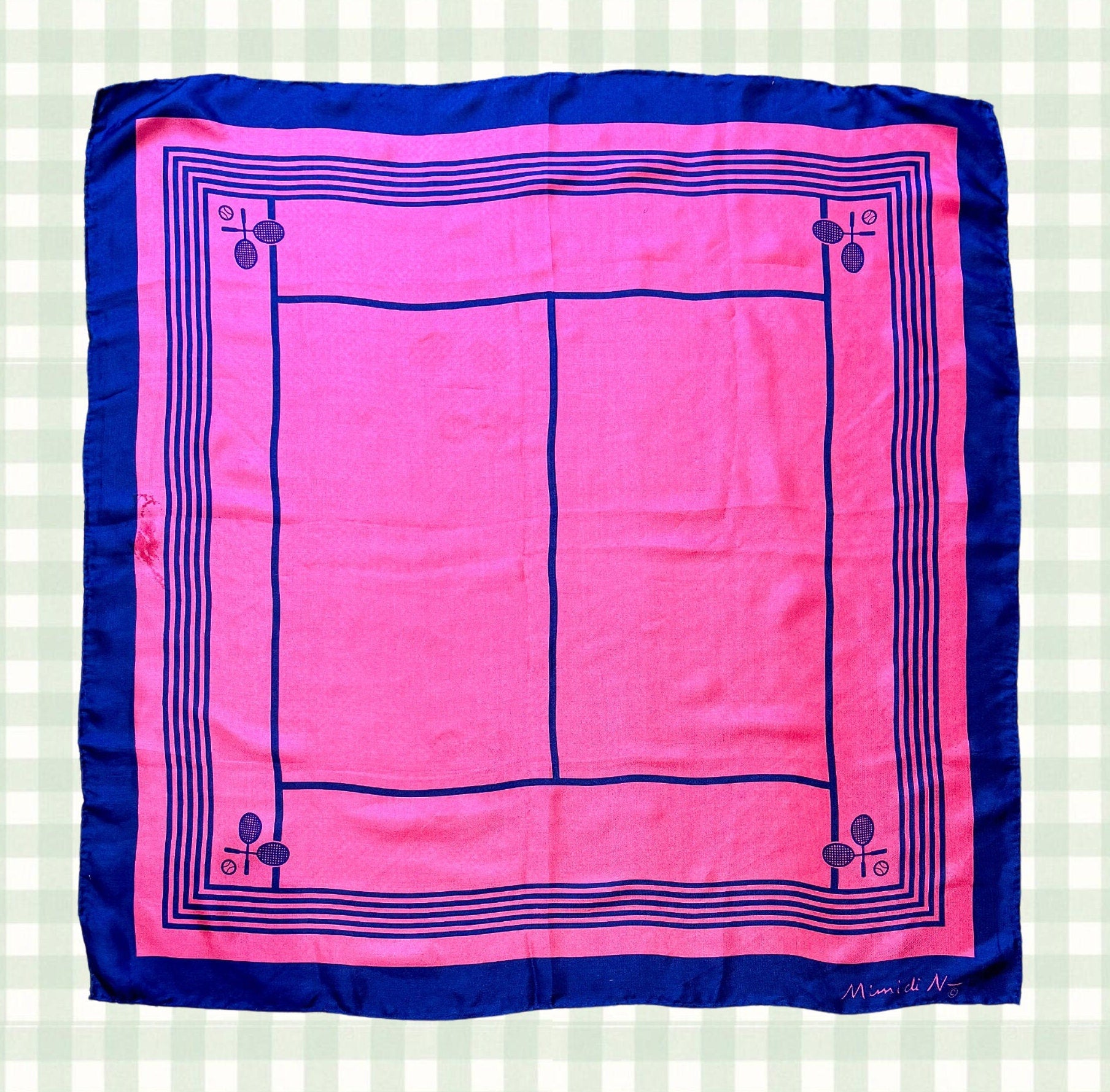 Vintage Pink and Blue Tennis Court Silk Scarf by Mimi Di N