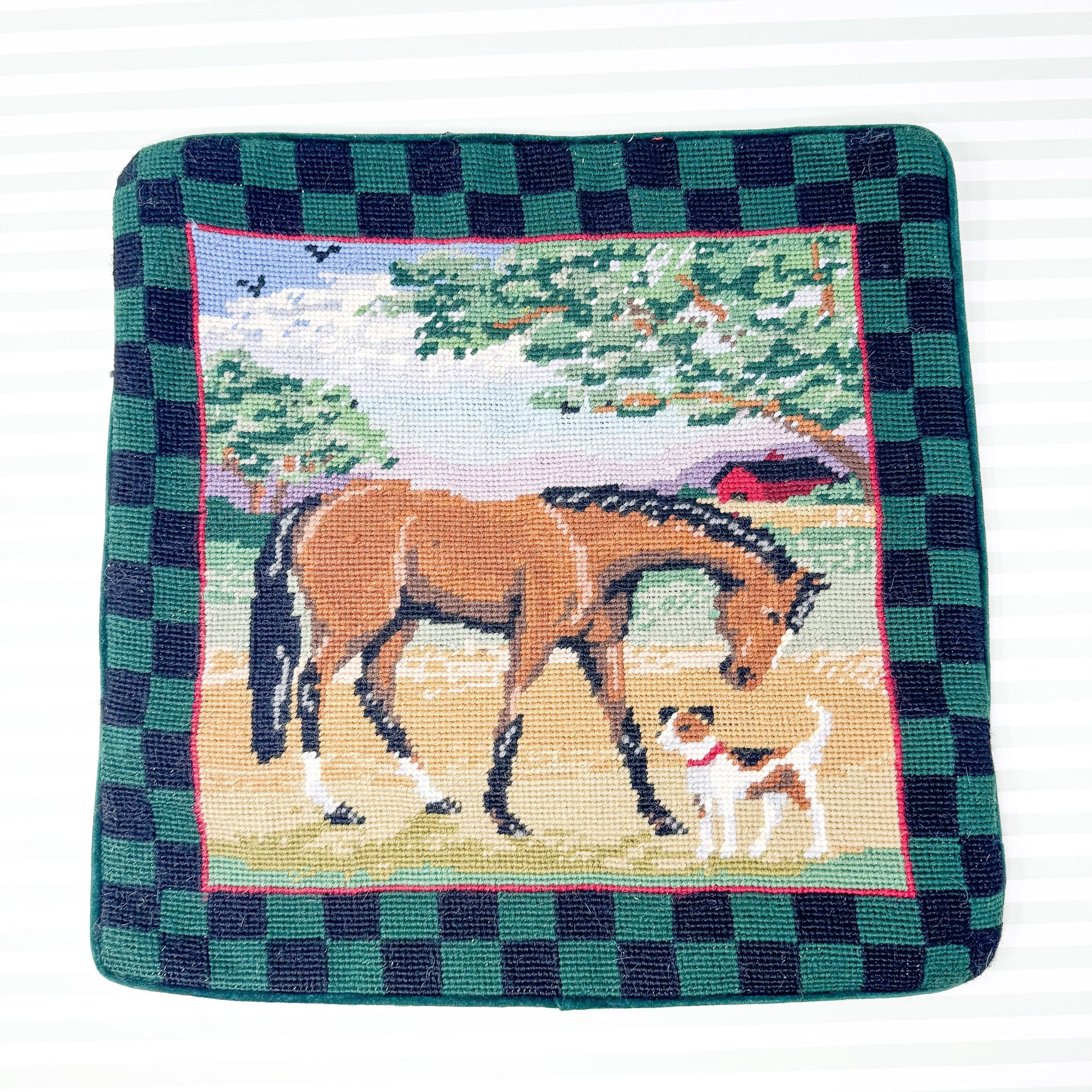 Vintage Fox Hunting Needlepoint Pillow Cover