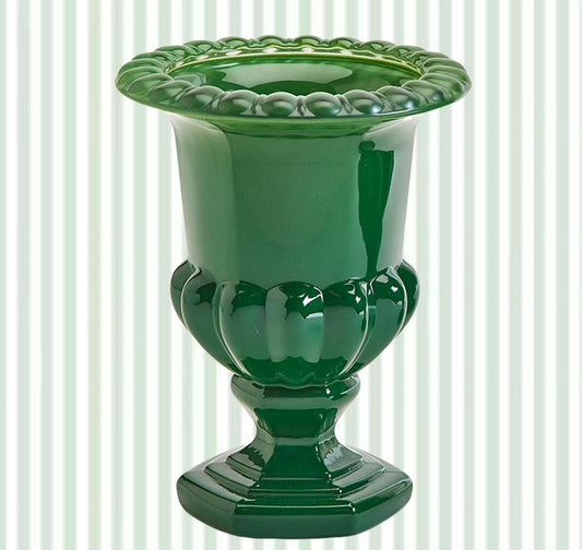 7.5" Green Glass Footed Urn Vase