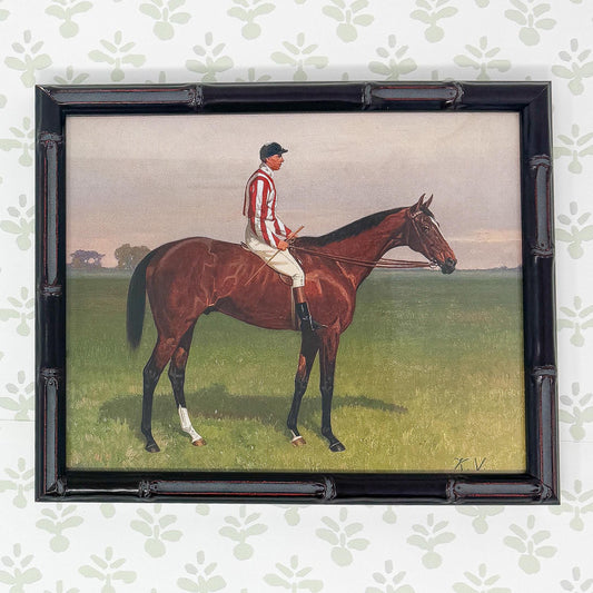 Horse and Jockey Equestrian Print in Bamboo Frame