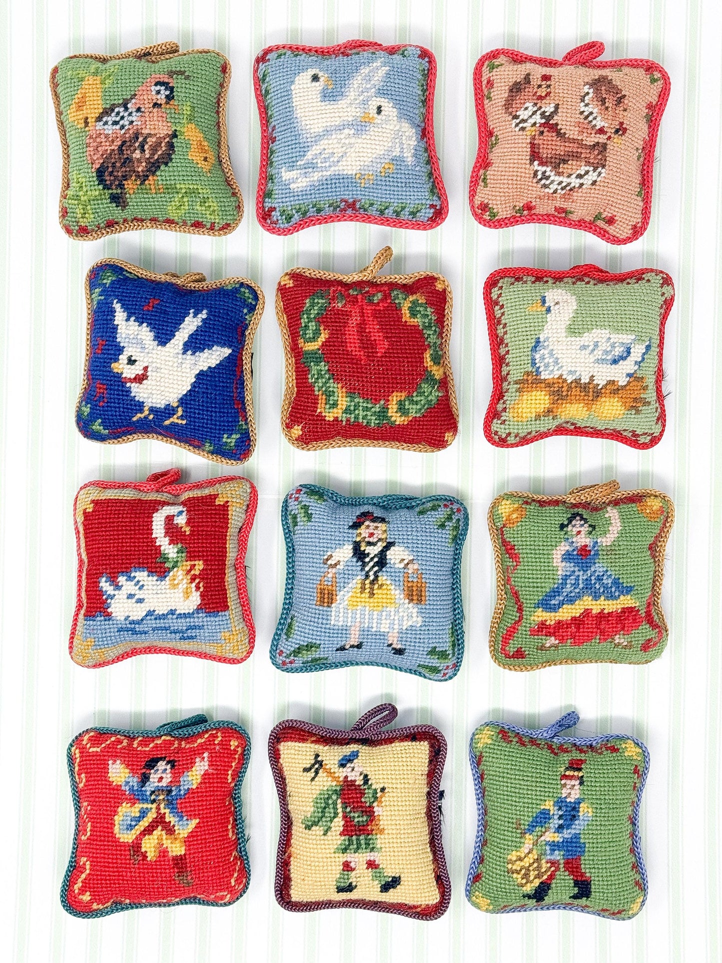 Complete Set 12 Days of Christmas Vintage Needlepoint Ornaments