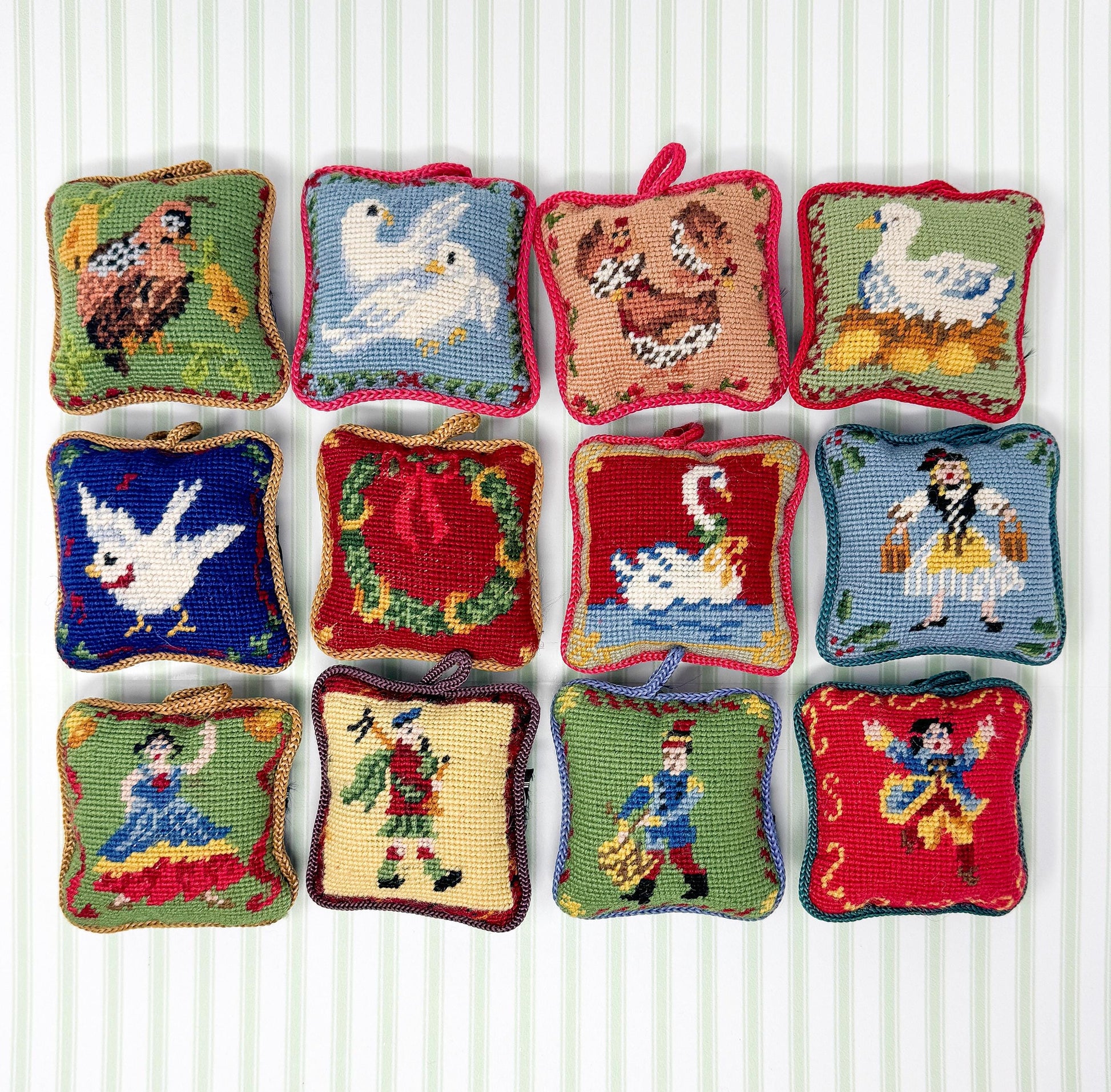 Complete Set 12 Days of Christmas Vintage Needlepoint Ornaments