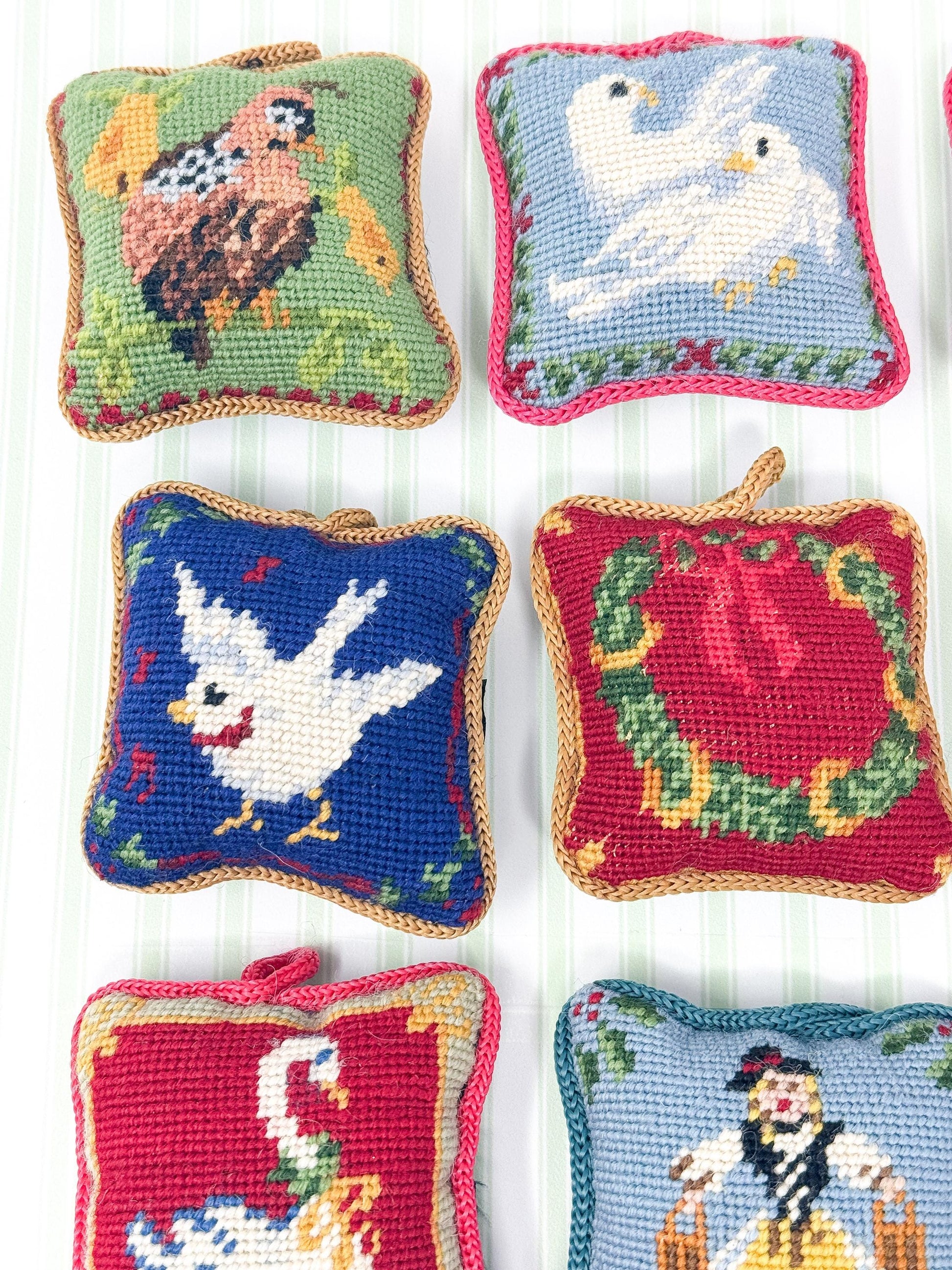 Complete Set 12 Days of Christmas Vintage Needlepoint Ornaments