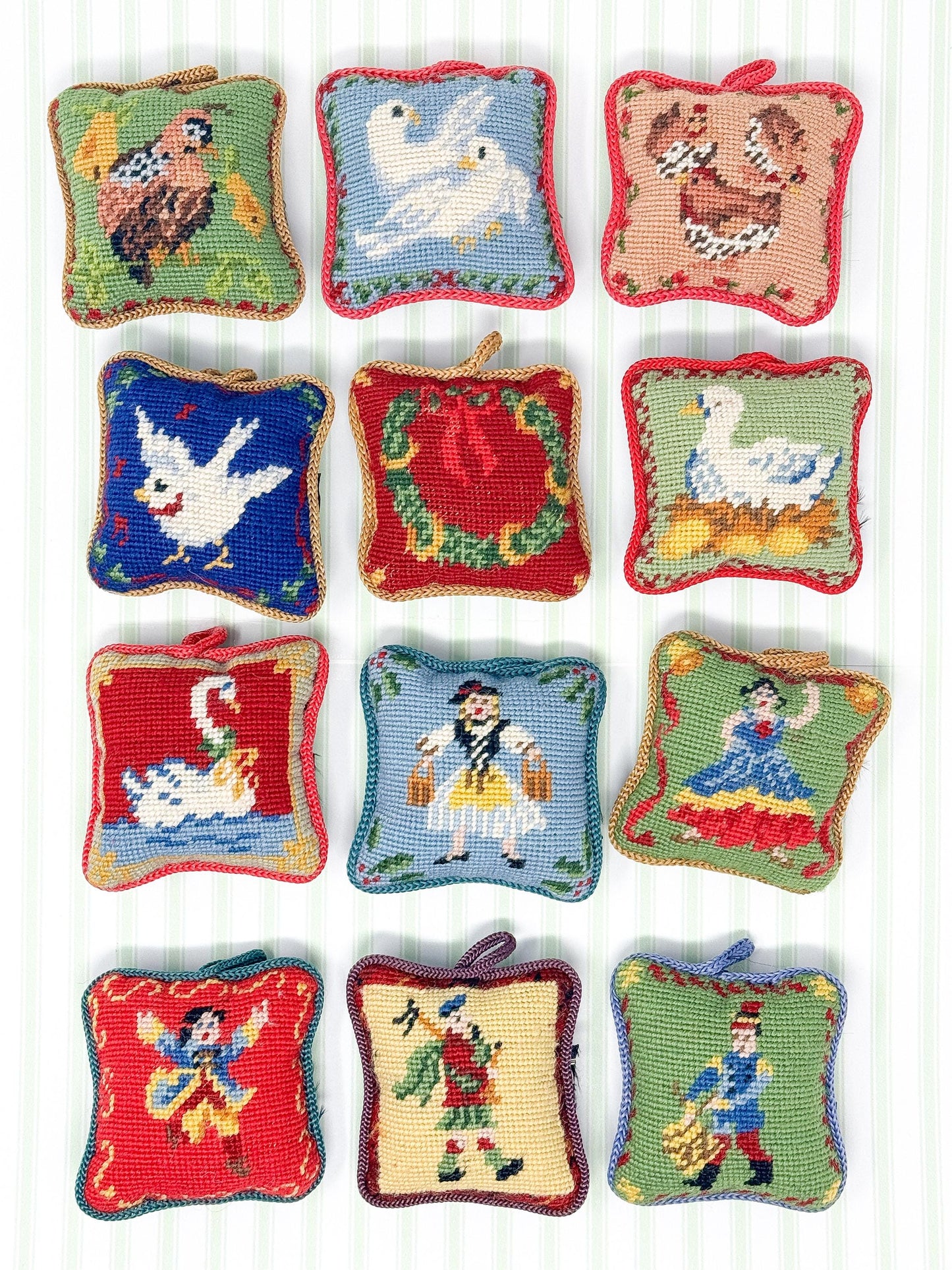 Complete Set 12 Days of Christmas Vintage Needlepoint Ornaments