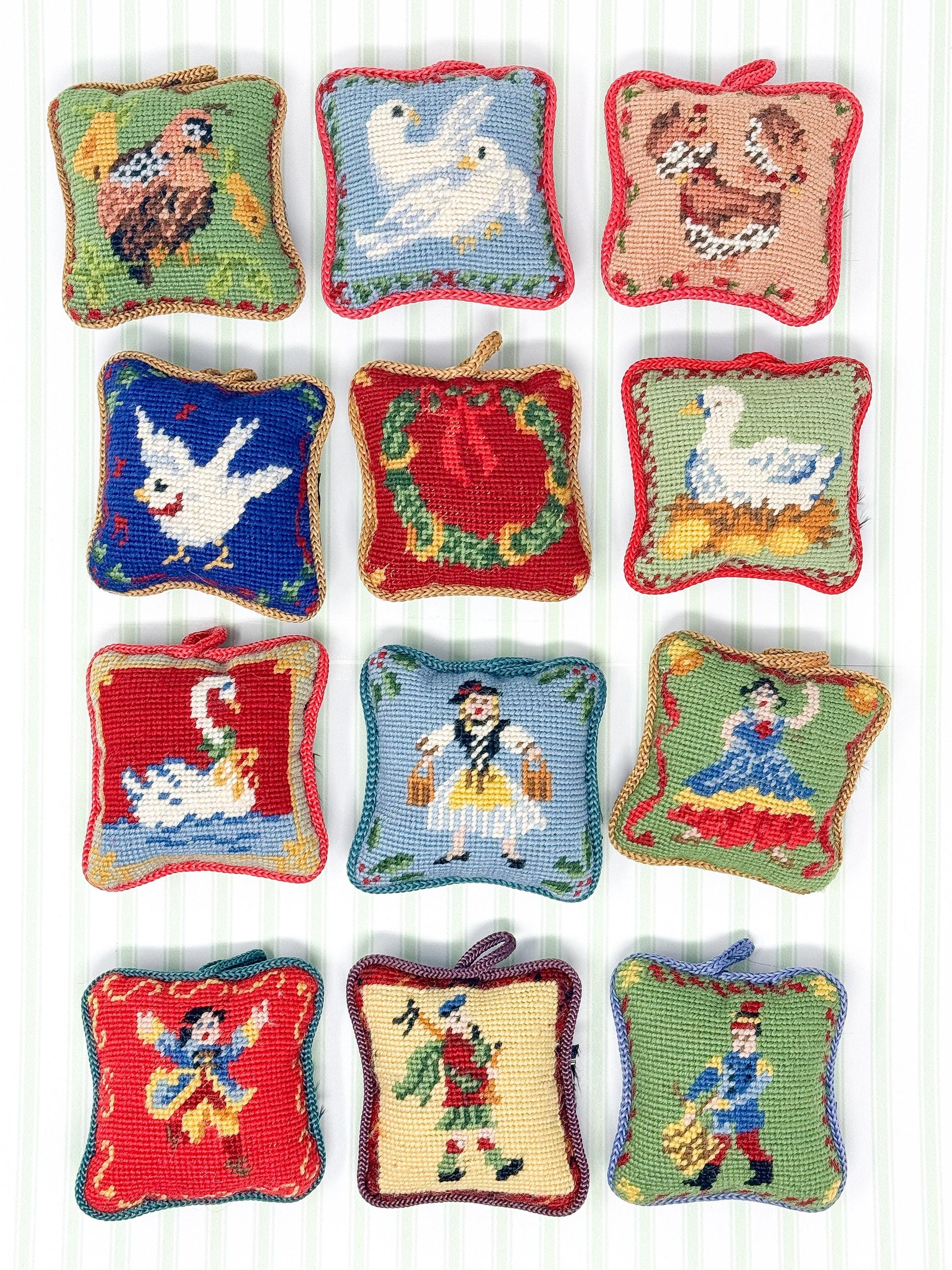 Complete Set 12 Days of Christmas Vintage Needlepoint Ornaments