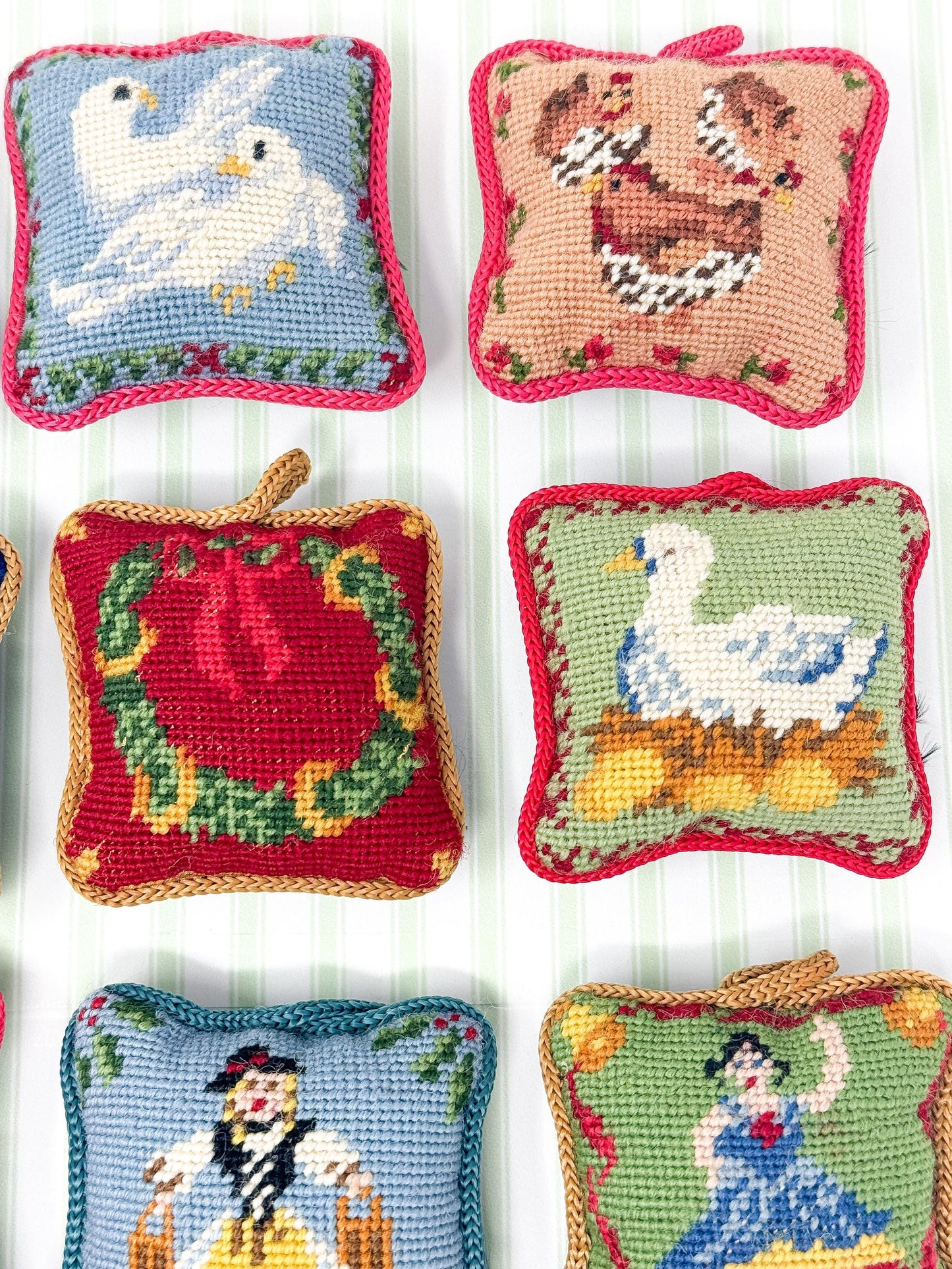 Complete Set 12 Days of Christmas Vintage Needlepoint Ornaments