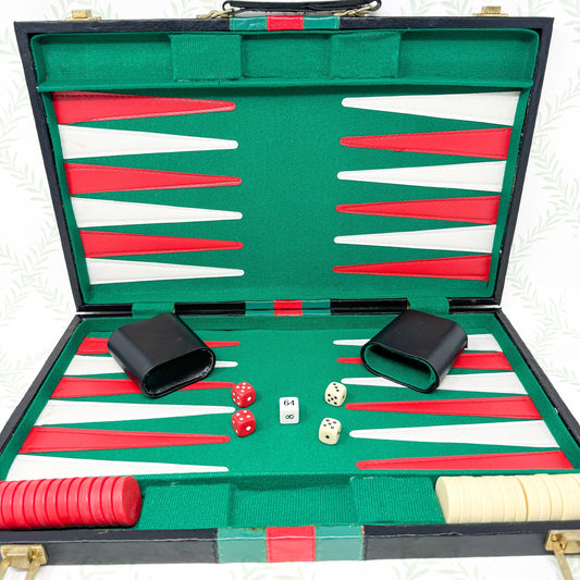 Vintage Backgammon Set - Black Leather Case with Red and Green Stripe