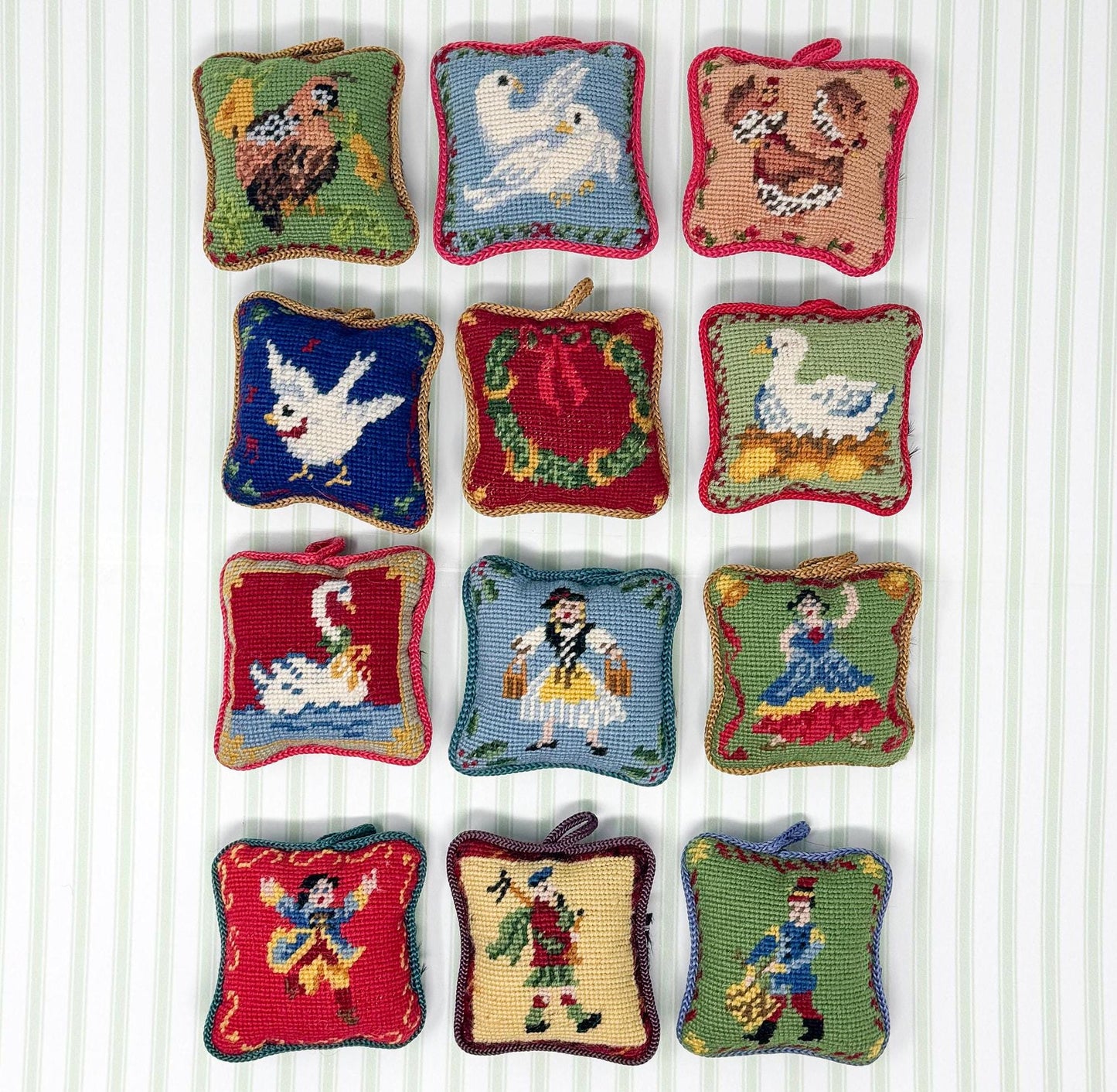 Complete Set 12 Days of Christmas Vintage Needlepoint Ornaments