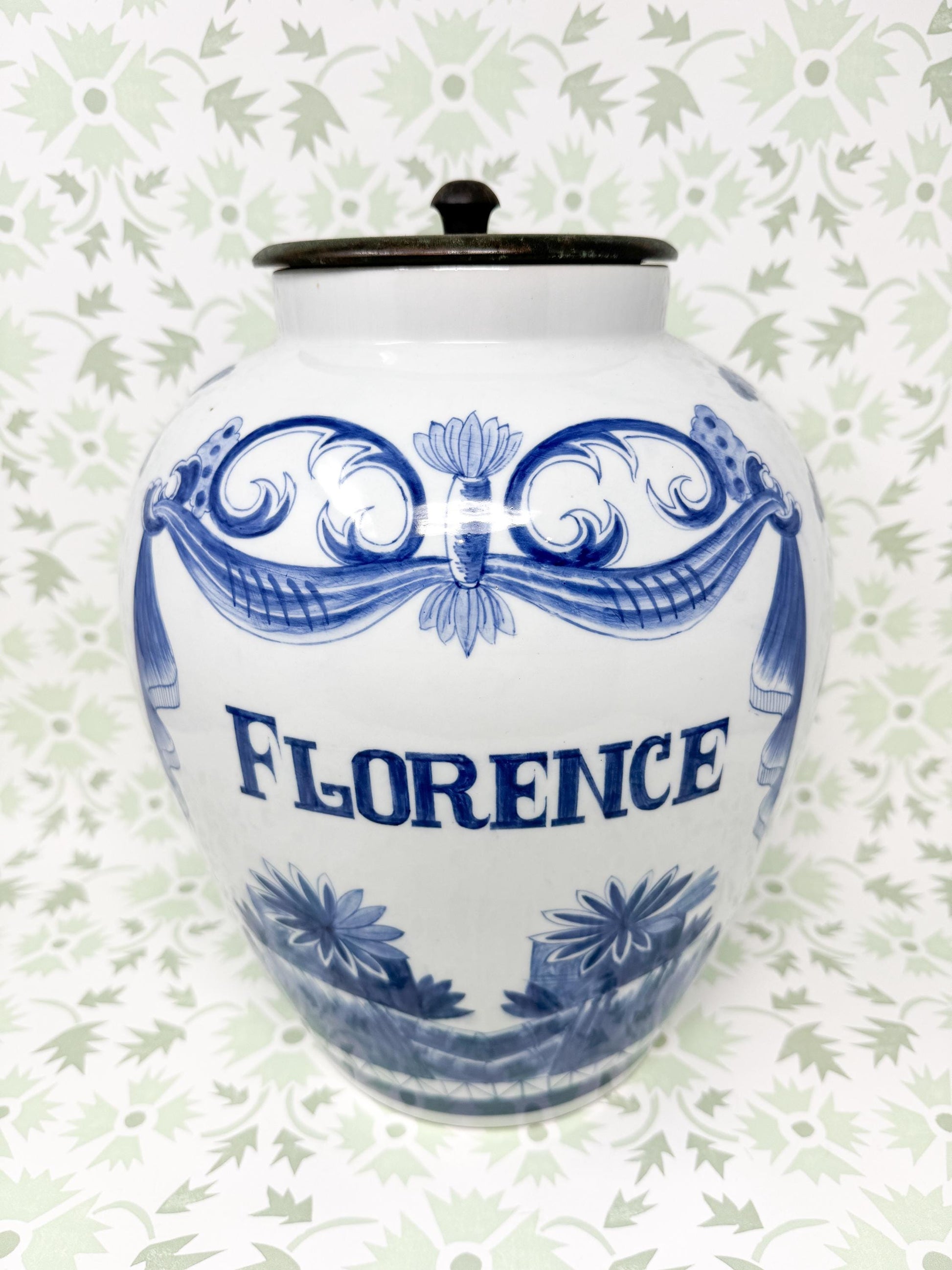 Vintage Maitland Smith Blue and White Florence Jar, 12.5"