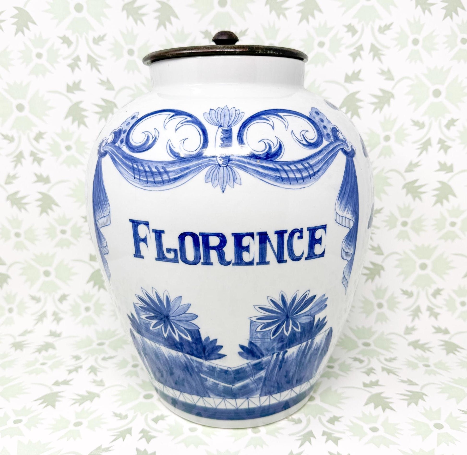 Vintage Maitland Smith Blue and White Florence Jar, 12.5"