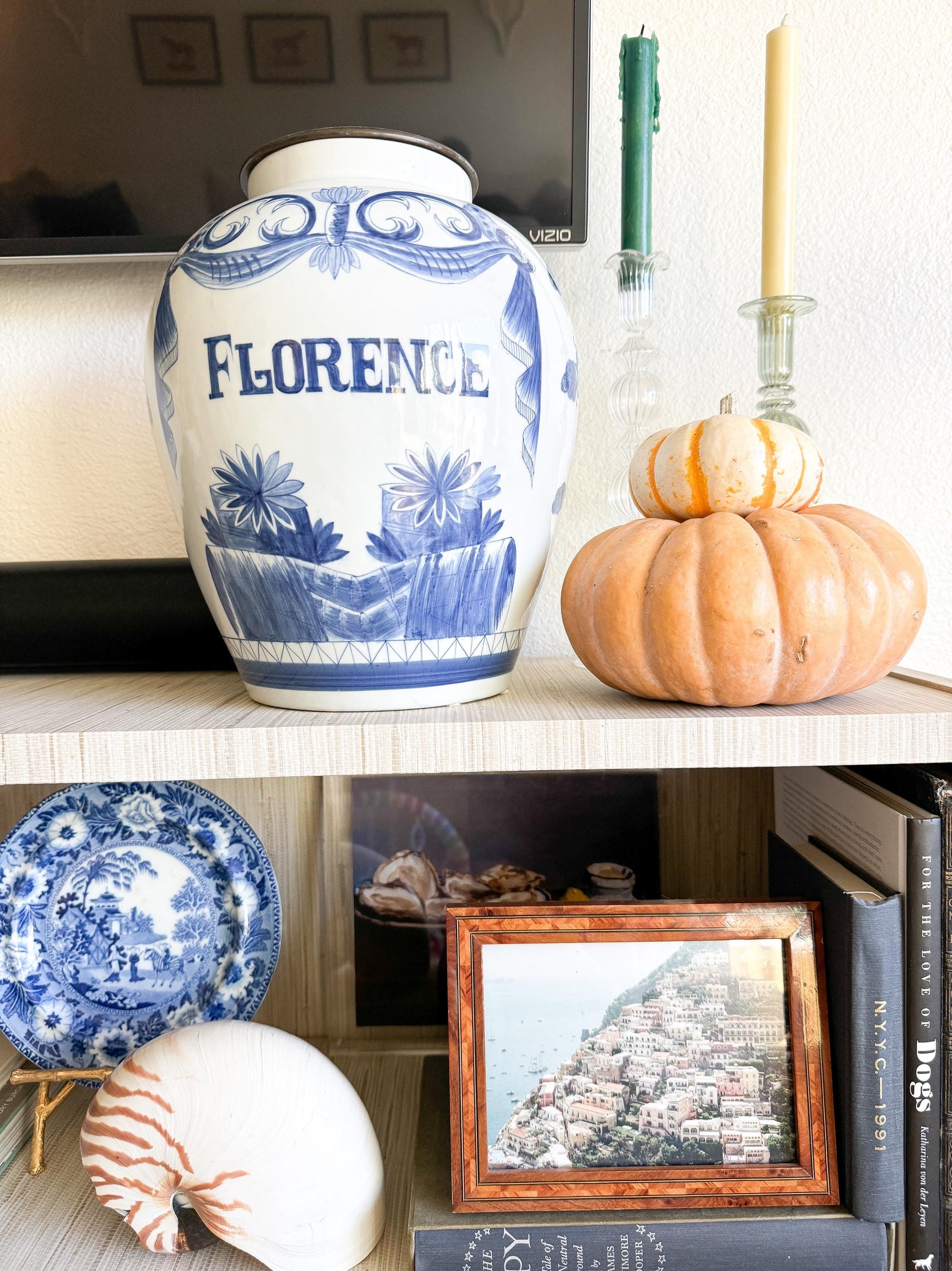 Vintage Maitland Smith Blue and White Florence Jar, 12.5"