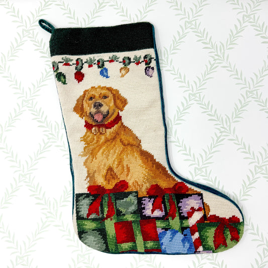 Vintage Needlepoint Dog Christmas Stocking, Golden Retriever