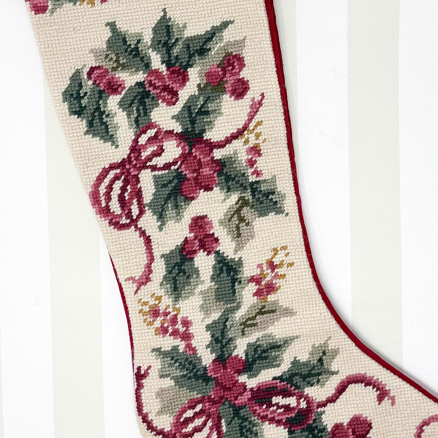 Vintage Needlepoint Christmas Stocking, Bow and Holly