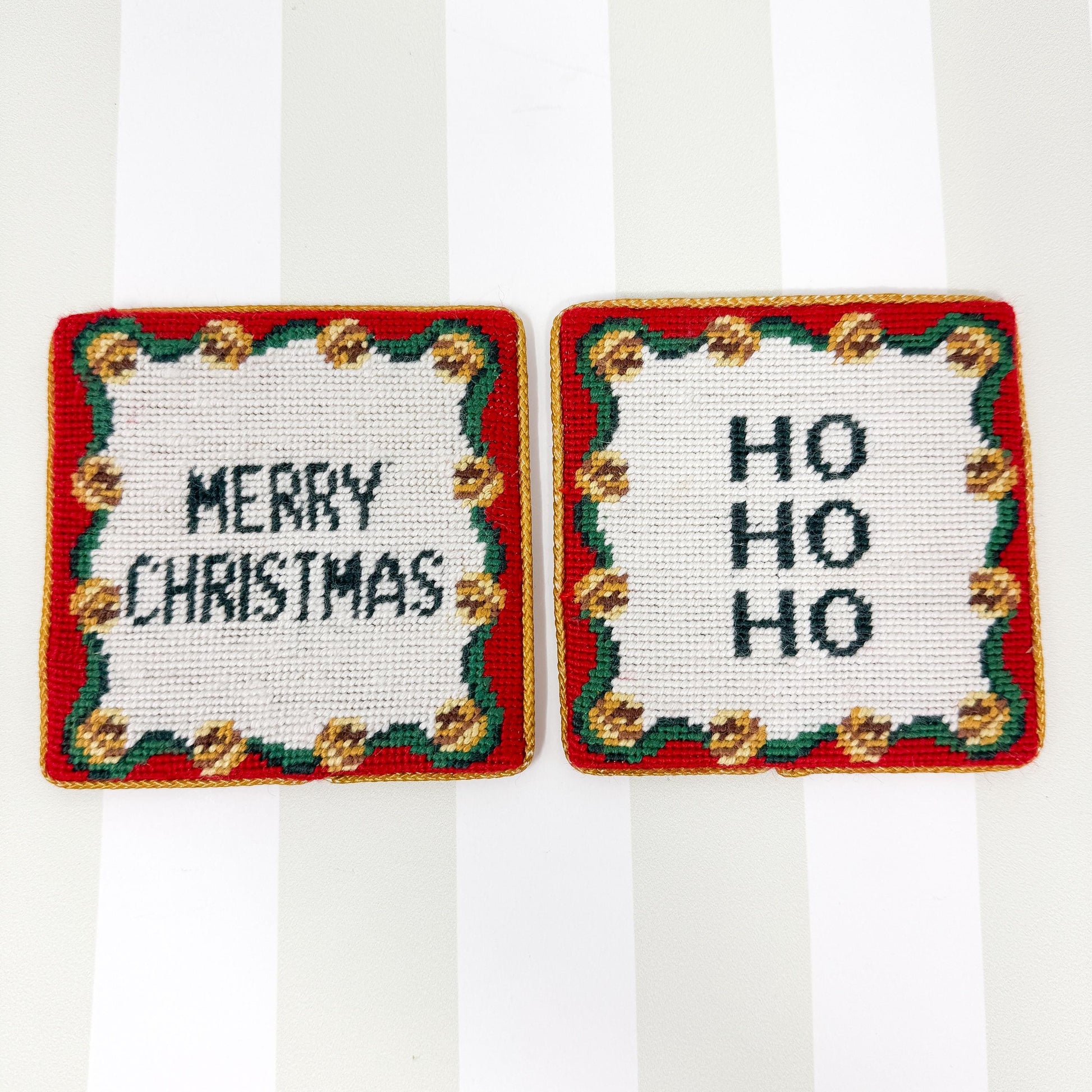 Vintage Needlepoint Christmas Phrase Coasters, Set of 2