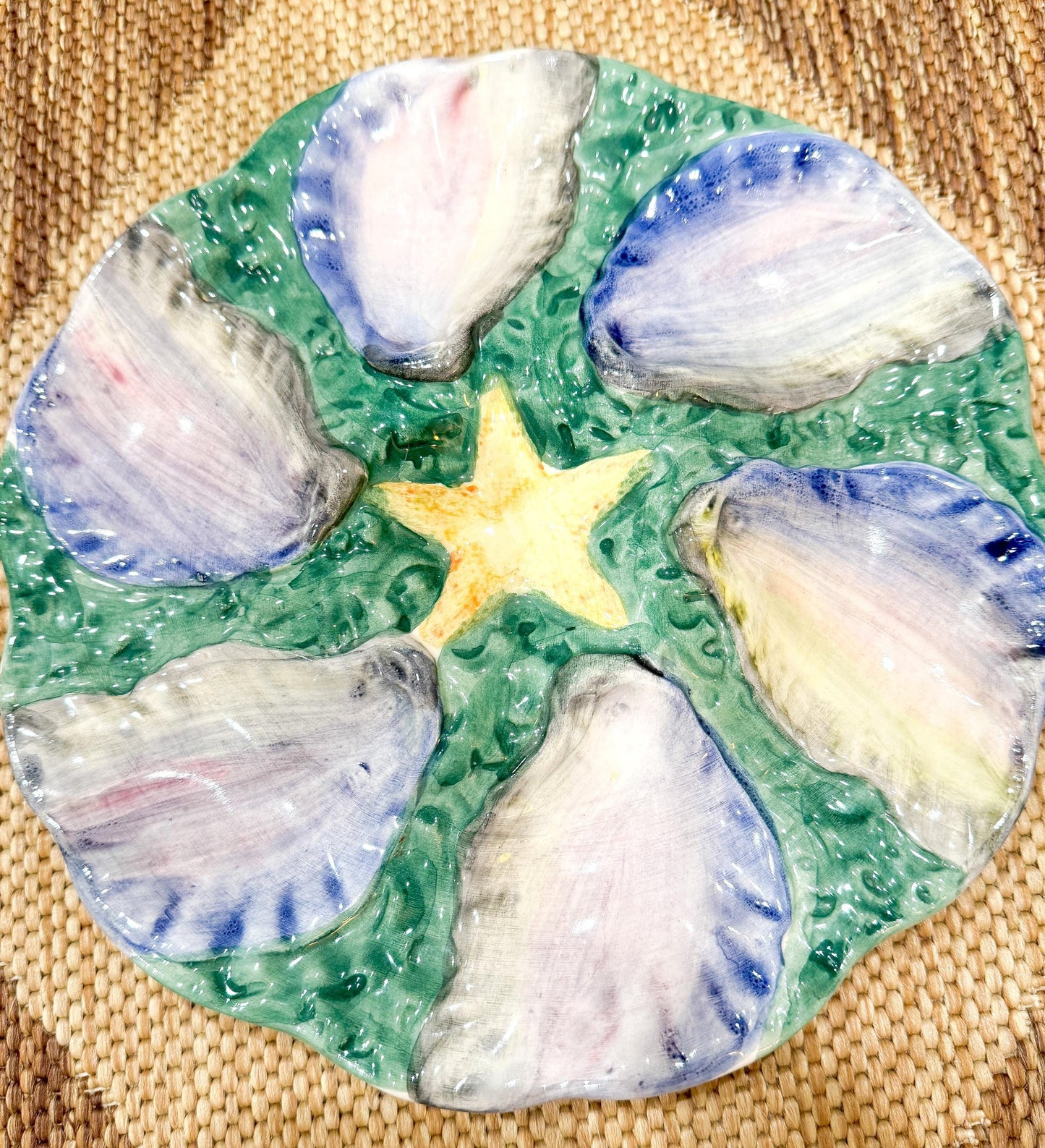 Antique Green Majolica Starfish Oyster Plate