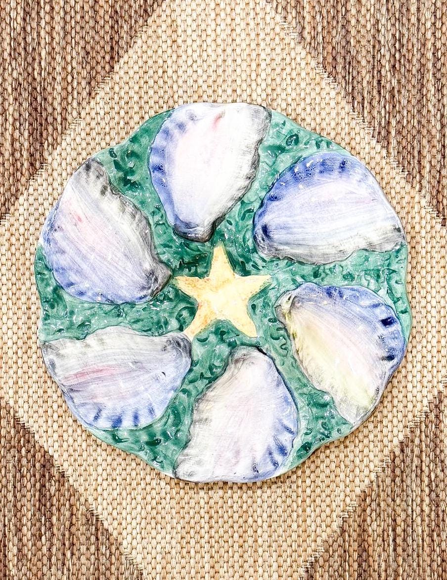 Antique Green Majolica Starfish Oyster Plate