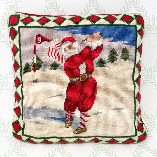 Vintage Needlepoint Santa Golf Christmas Pillow, 14"