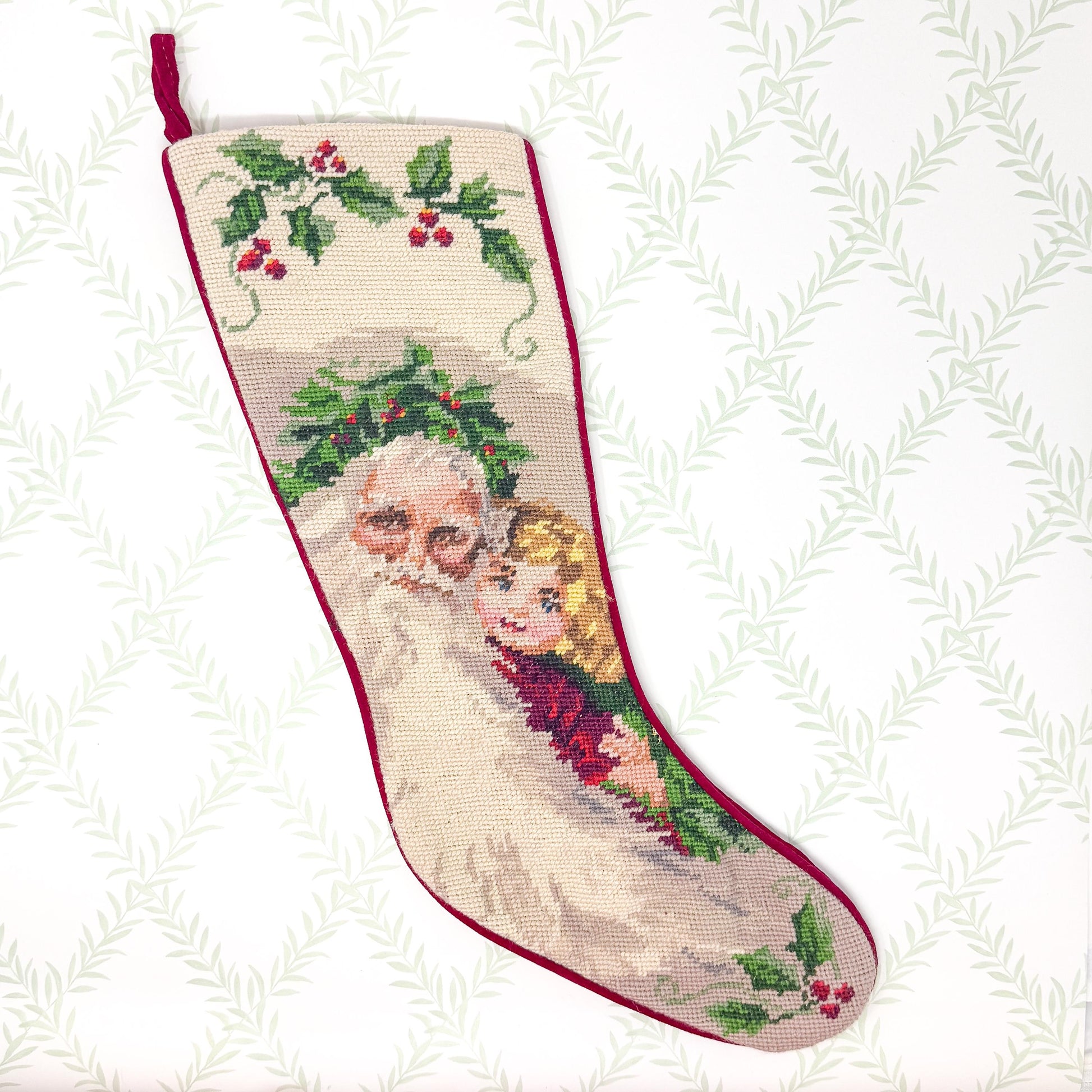 Vintage Santa Claus and Little Girl Needlepoint Christmas Stocking