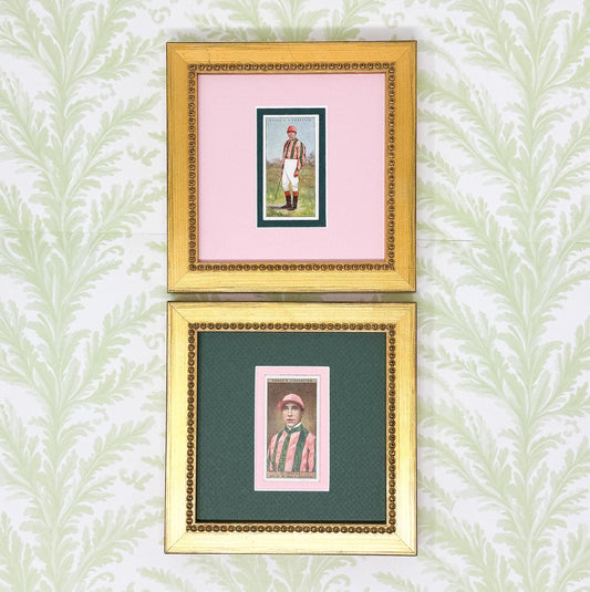 Pair of Framed Antique Jockey Horse Cigarette Card c. 1920s, Pink and Green