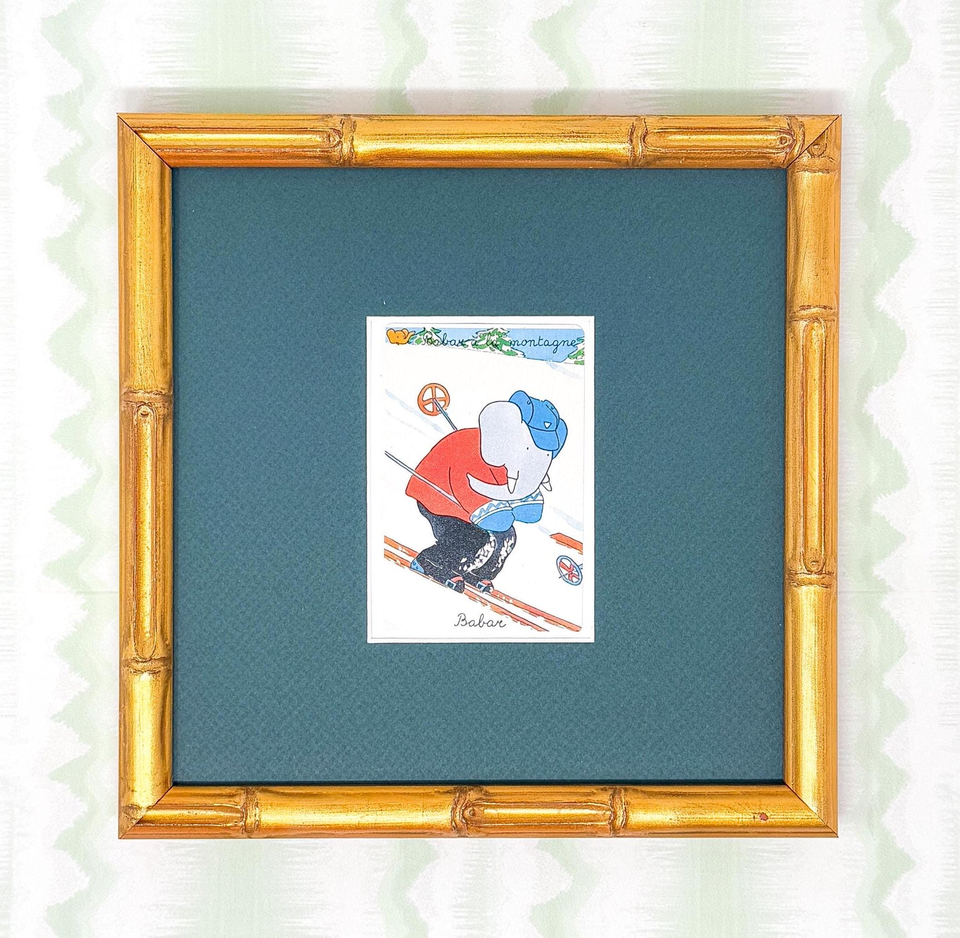 Pair of Vintage Framed Babar and Celeste Cards, Skiing