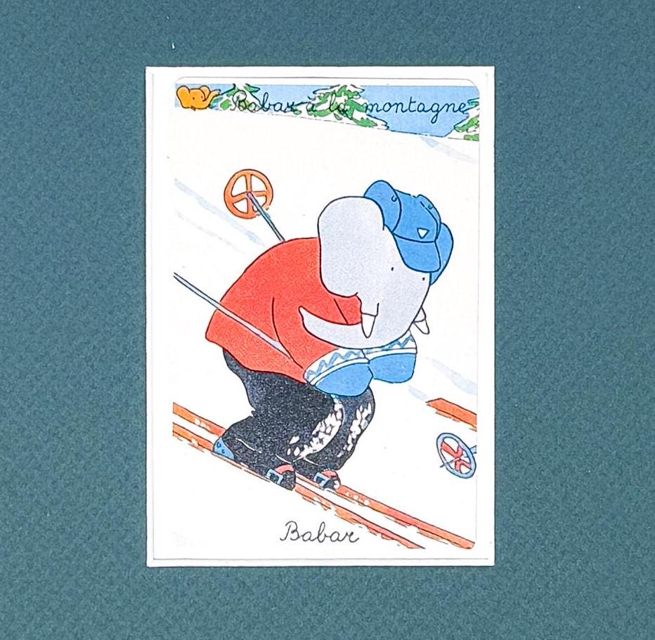 Pair of Vintage Framed Babar and Celeste Cards, Skiing