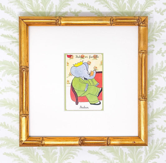 Pair of Vintage Framed Babar and Celeste Cards, Reading and Sewing