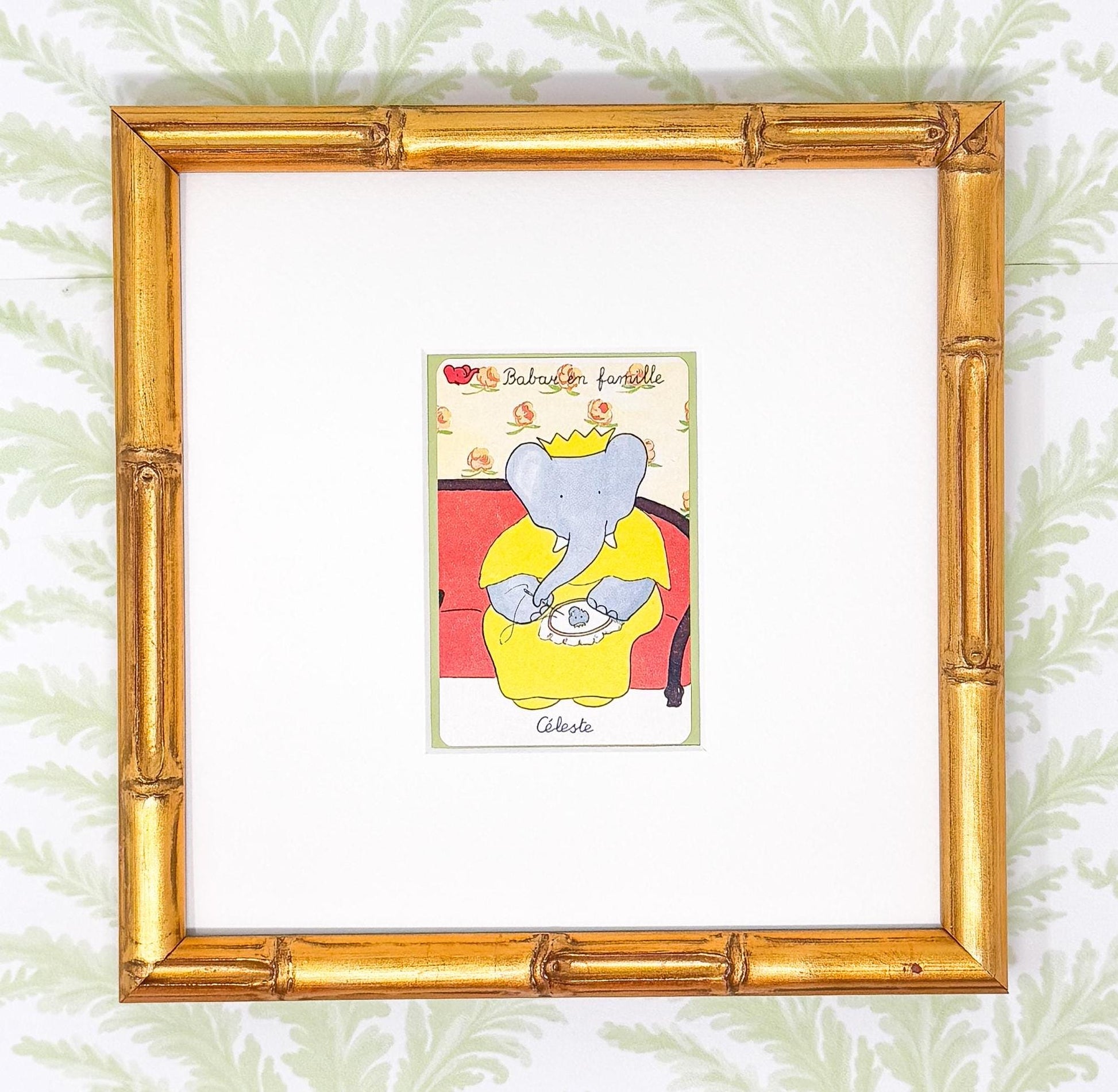 Pair of Vintage Framed Babar and Celeste Cards, Reading and Sewing