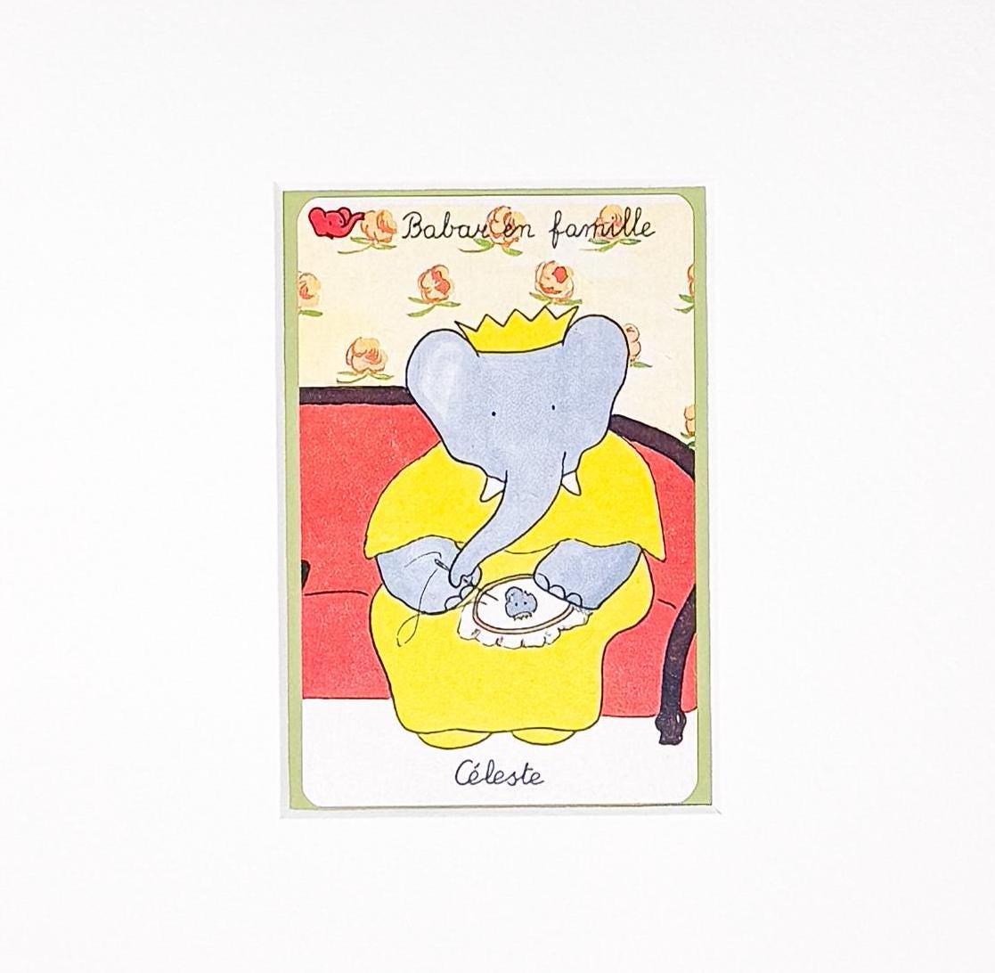 Pair of Vintage Framed Babar and Celeste Cards, Reading and Sewing