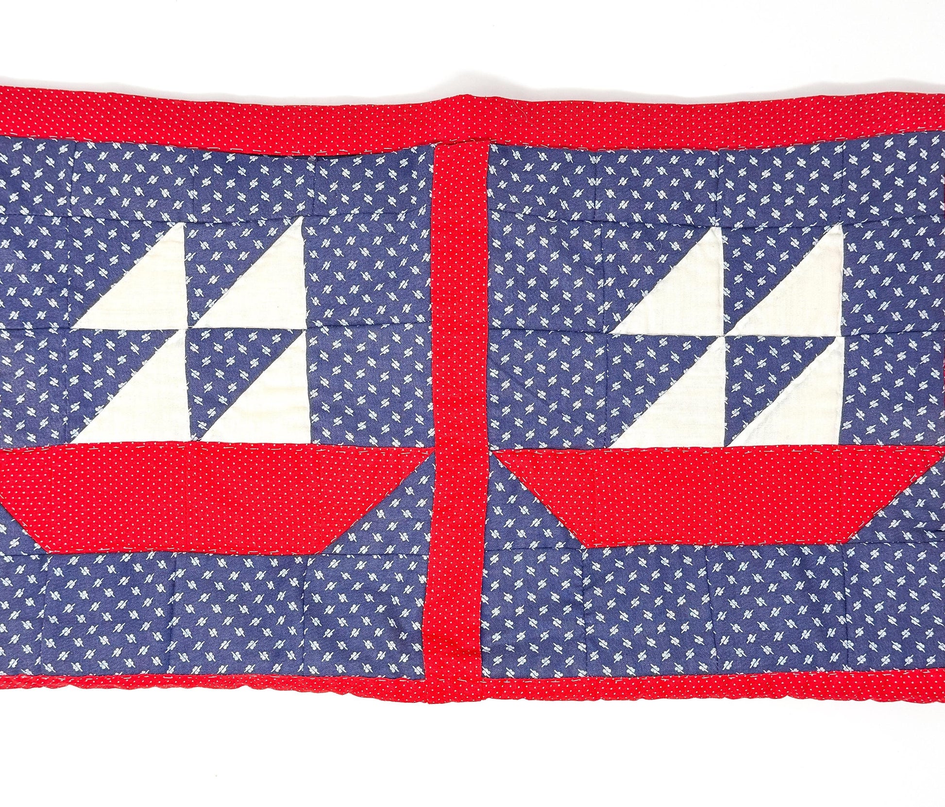 Vintage Handmade Sailboat Baby Quilt, Red and Blue