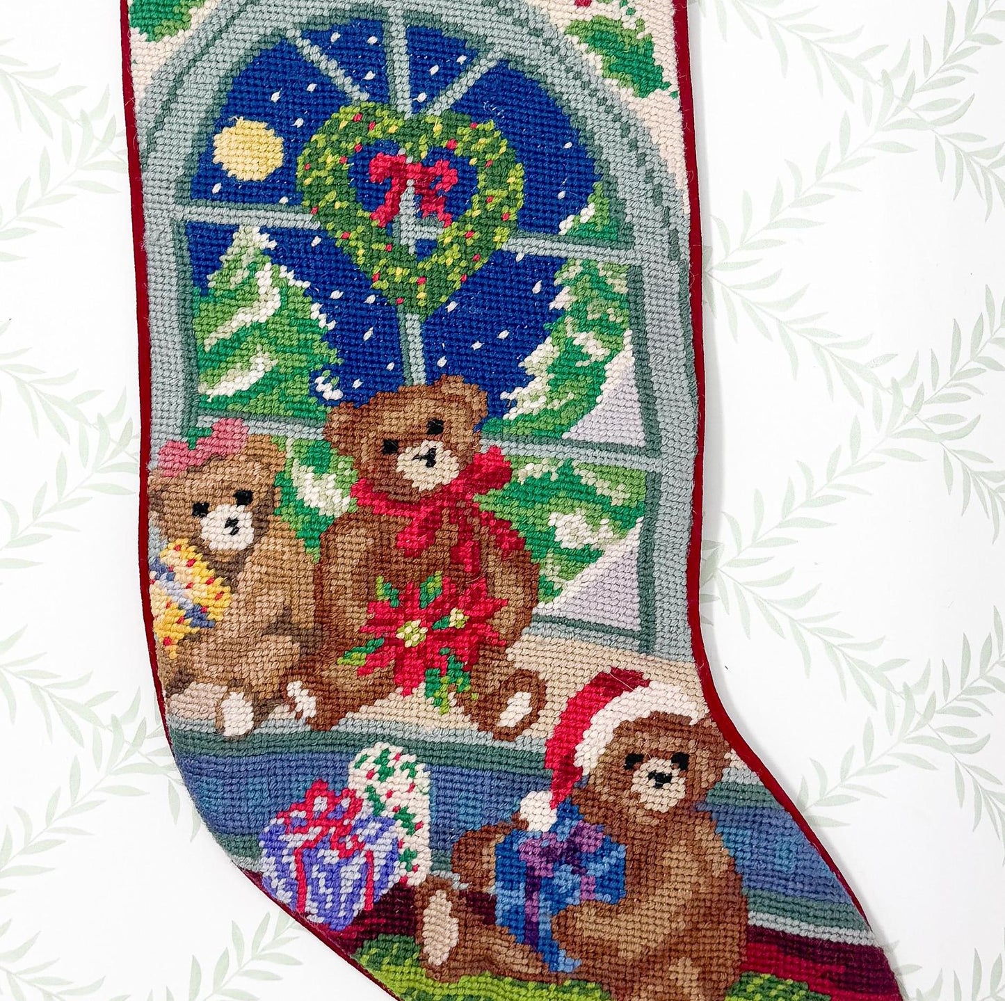 Vintage Needlepoint Christmas Stocking, Teddy Bears