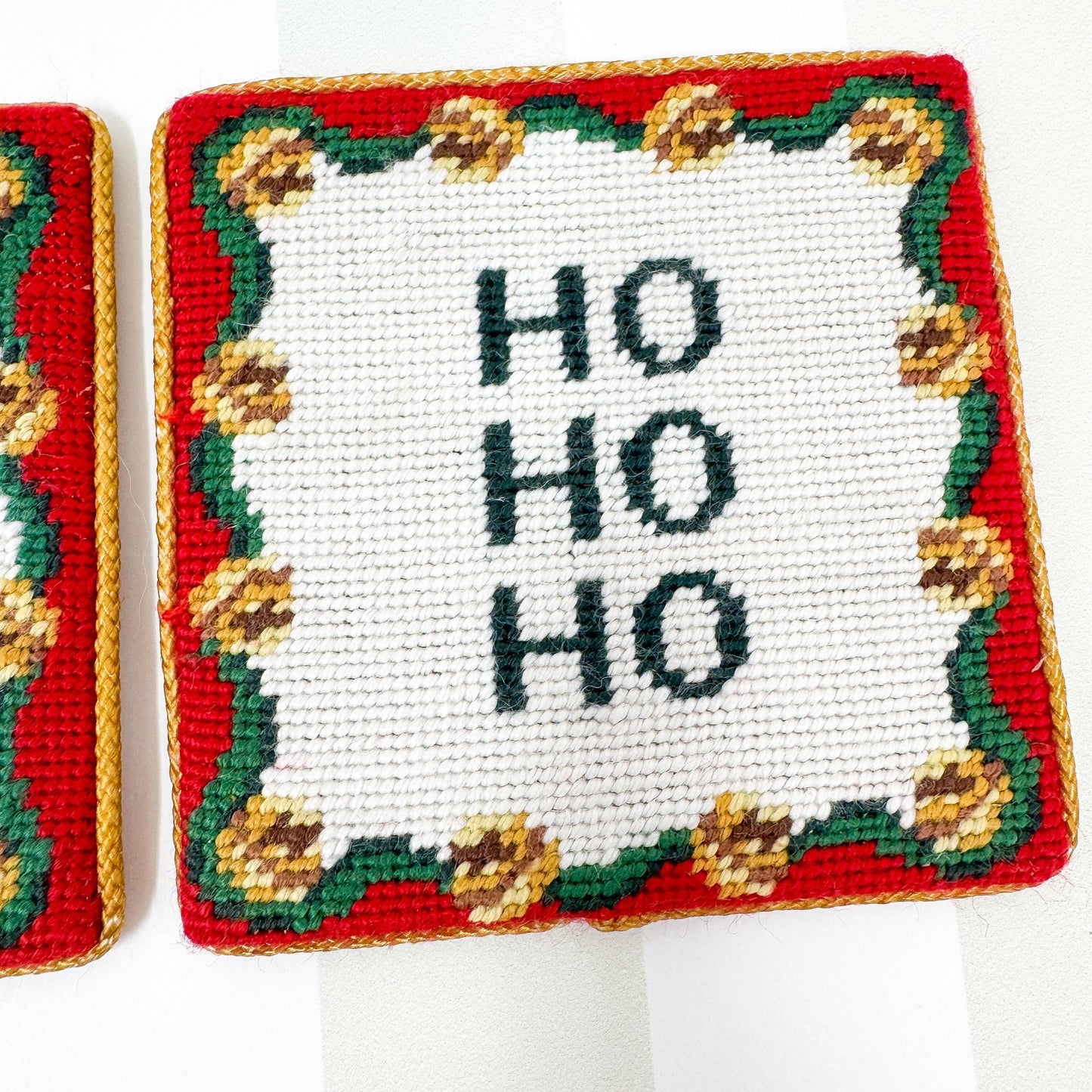 Vintage Needlepoint Christmas Phrase Coasters, Set of 2