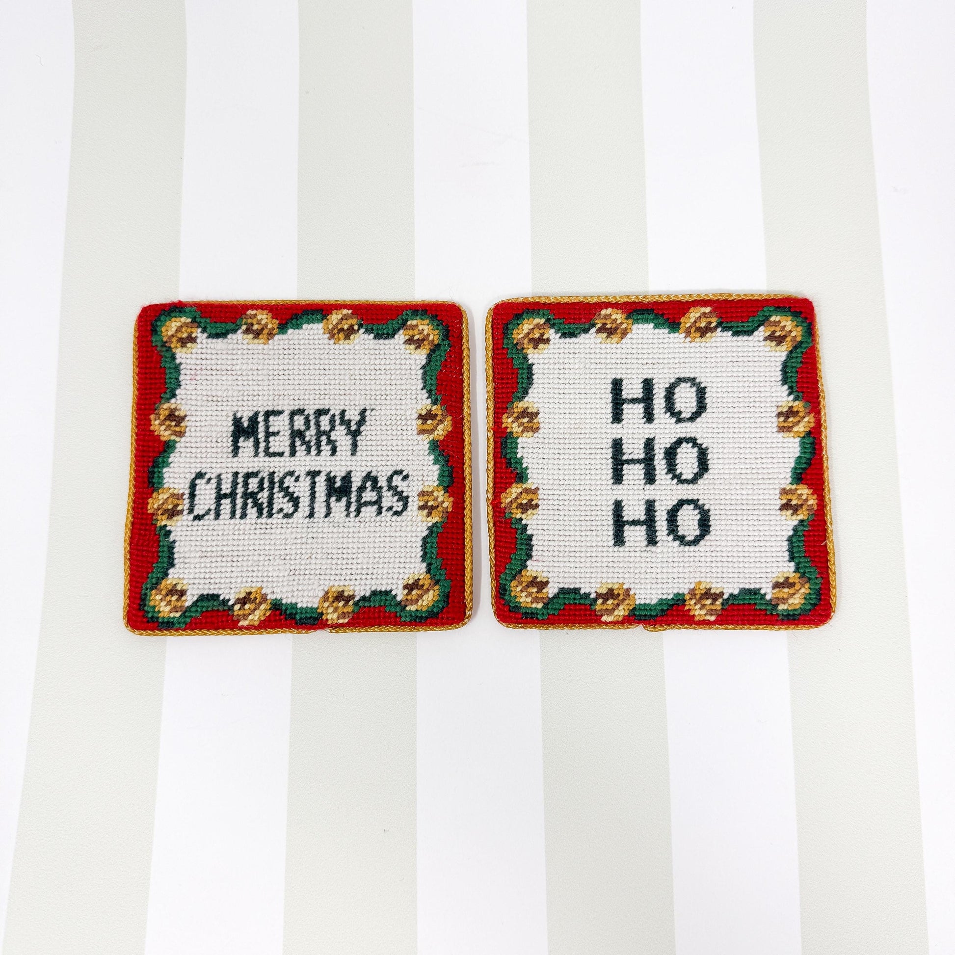 Vintage Needlepoint Christmas Phrase Coasters, Set of 2