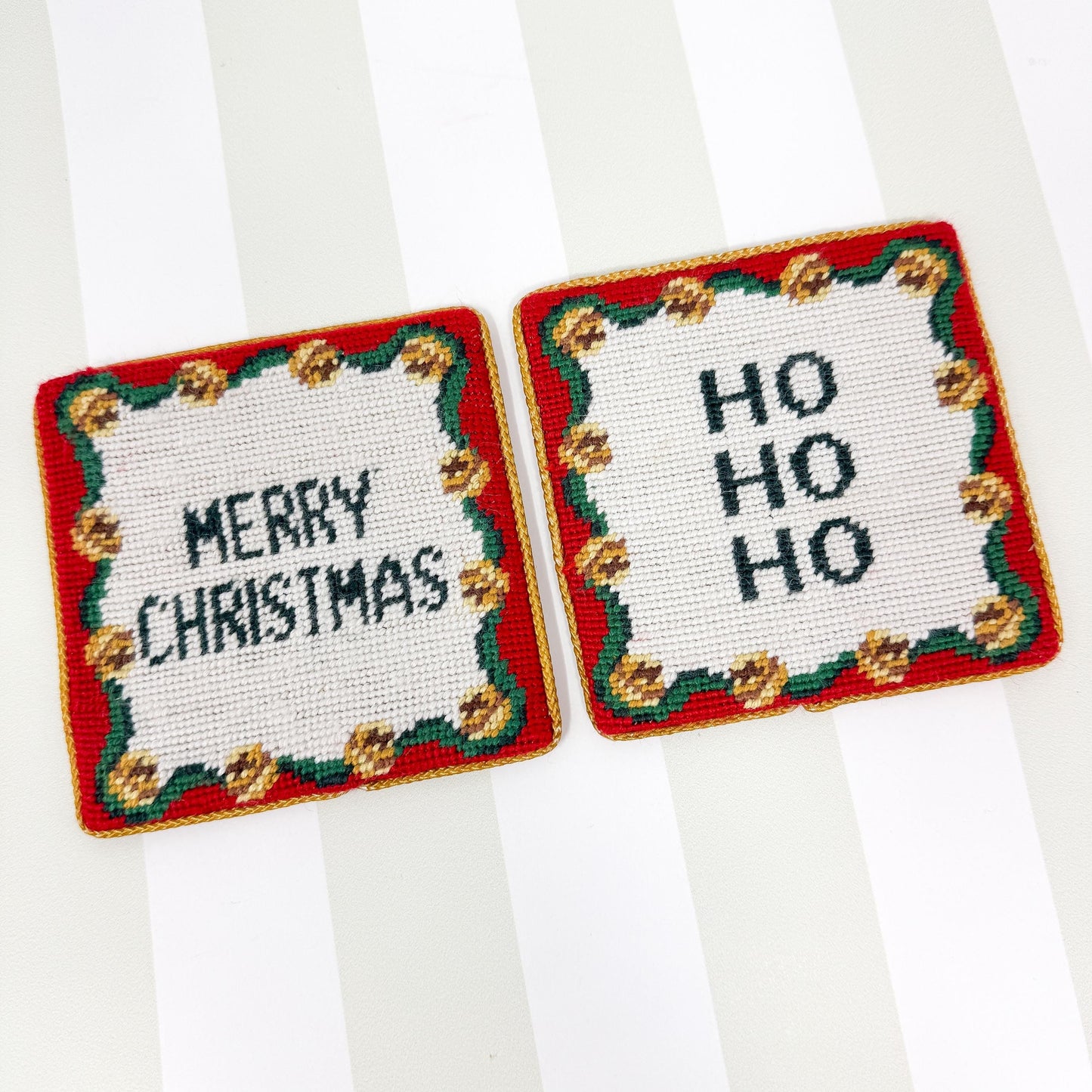 Vintage Needlepoint Christmas Phrase Coasters, Set of 2