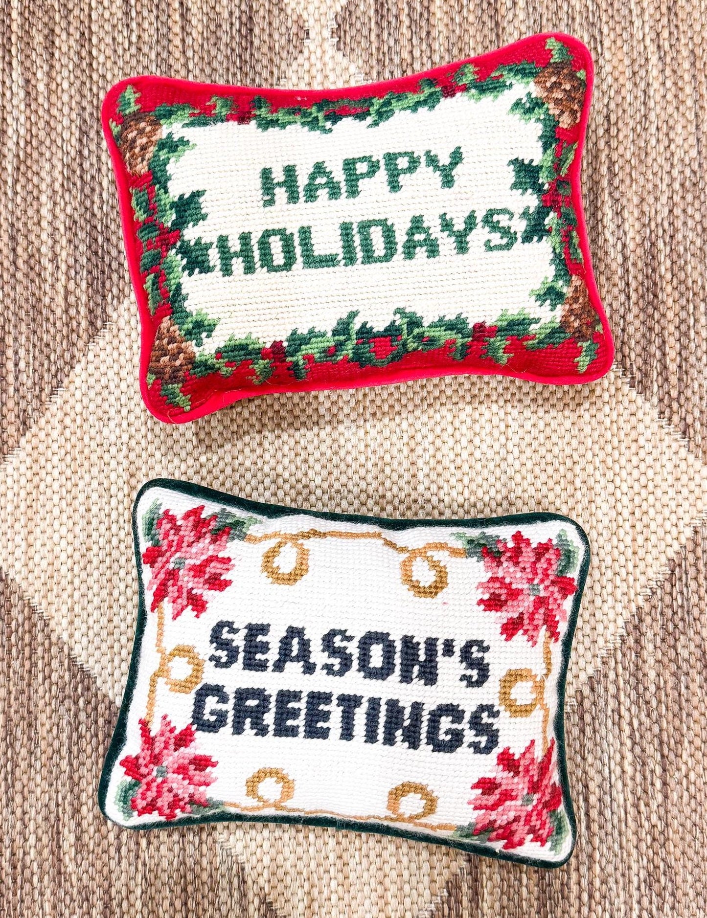 Vintage Christmas Needlepoint Pillow, Season's Greetings