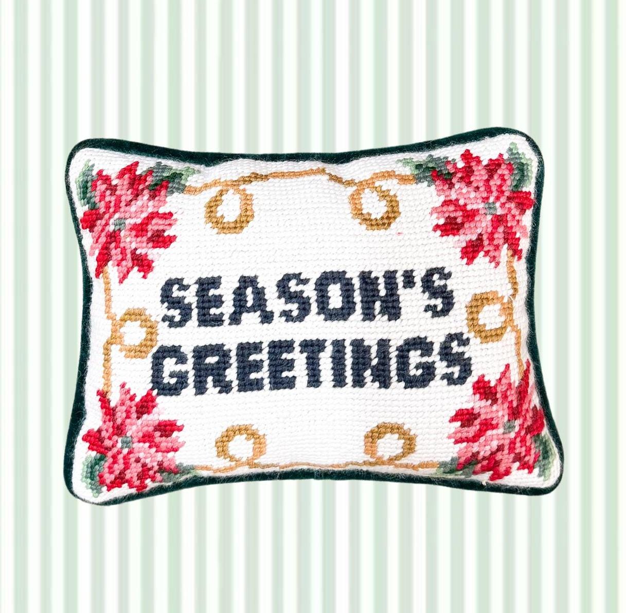 Vintage Christmas Needlepoint Pillow, Season's Greetings