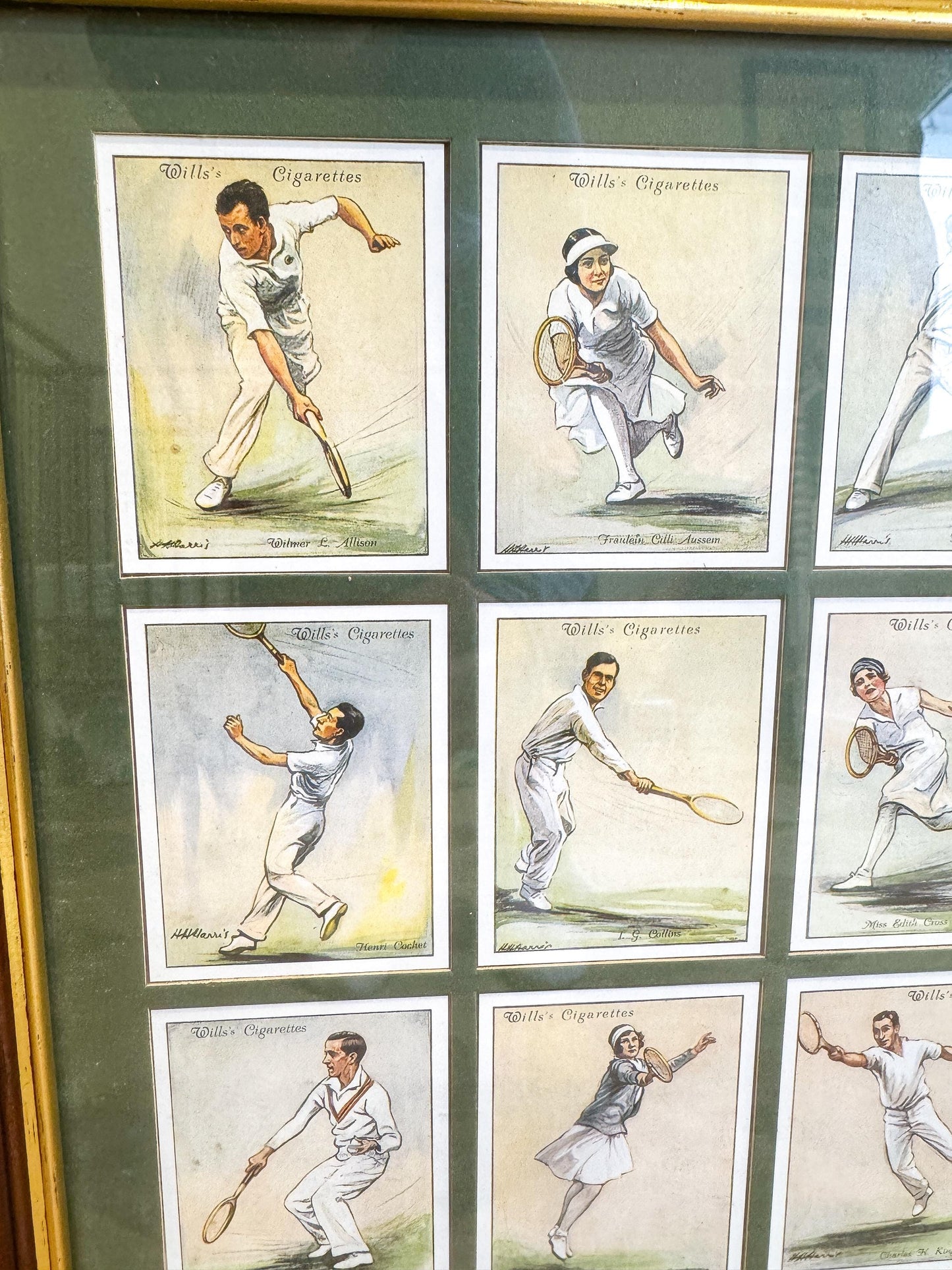 Vintage Framed British Tennis Cigarette Cards, 17"x20"