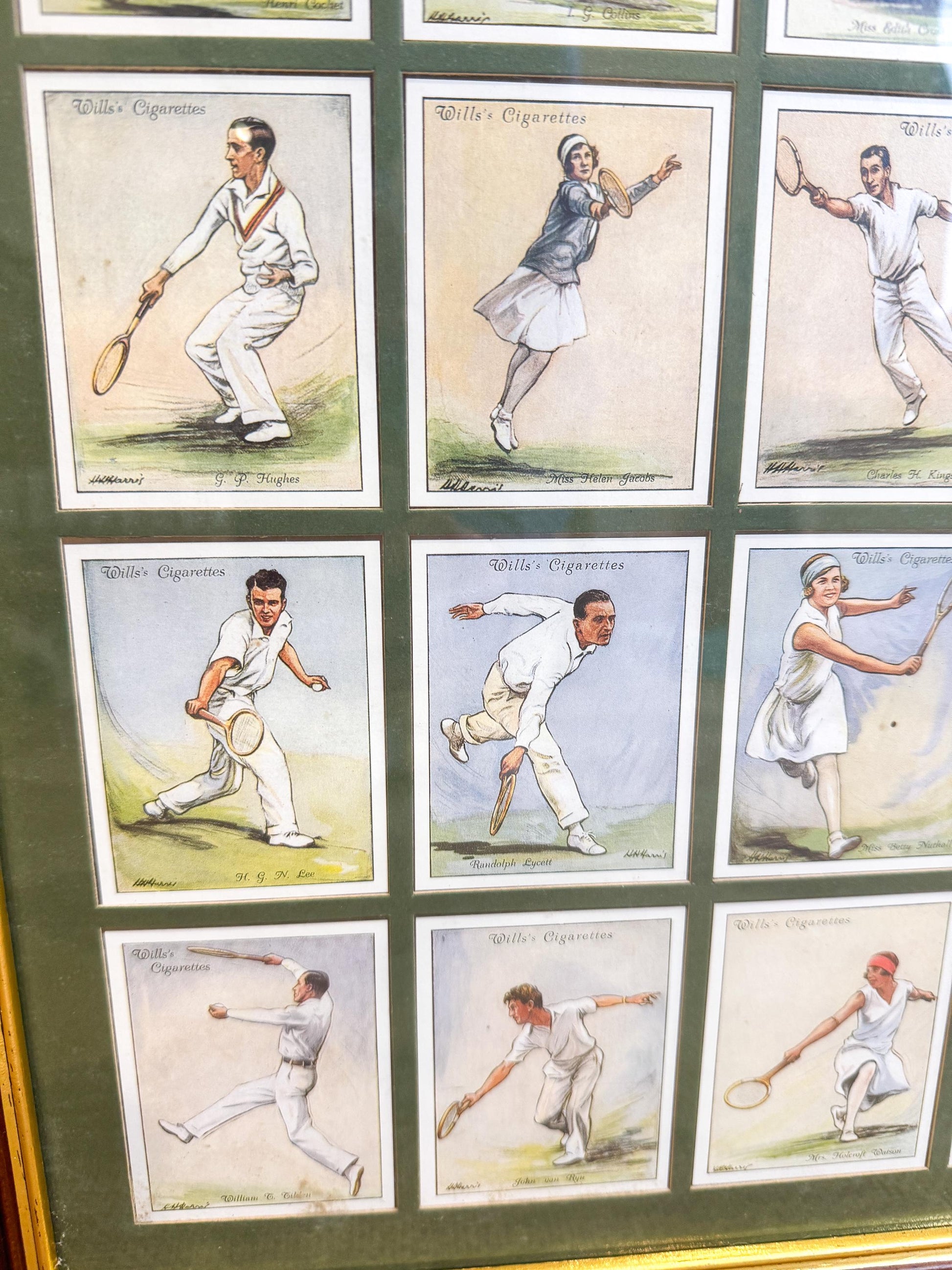 Vintage Framed British Tennis Cigarette Cards, 17"x20"