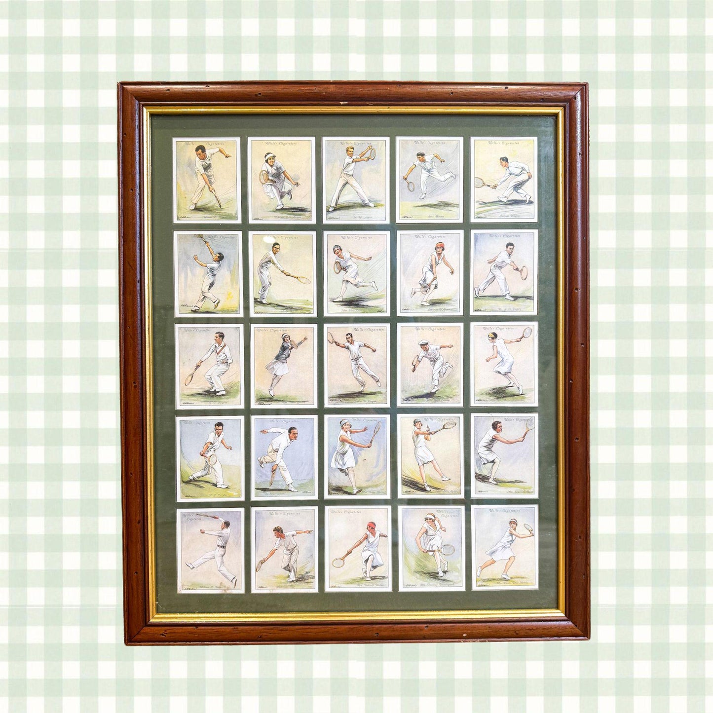 Vintage Framed British Tennis Cigarette Cards, 17"x20"